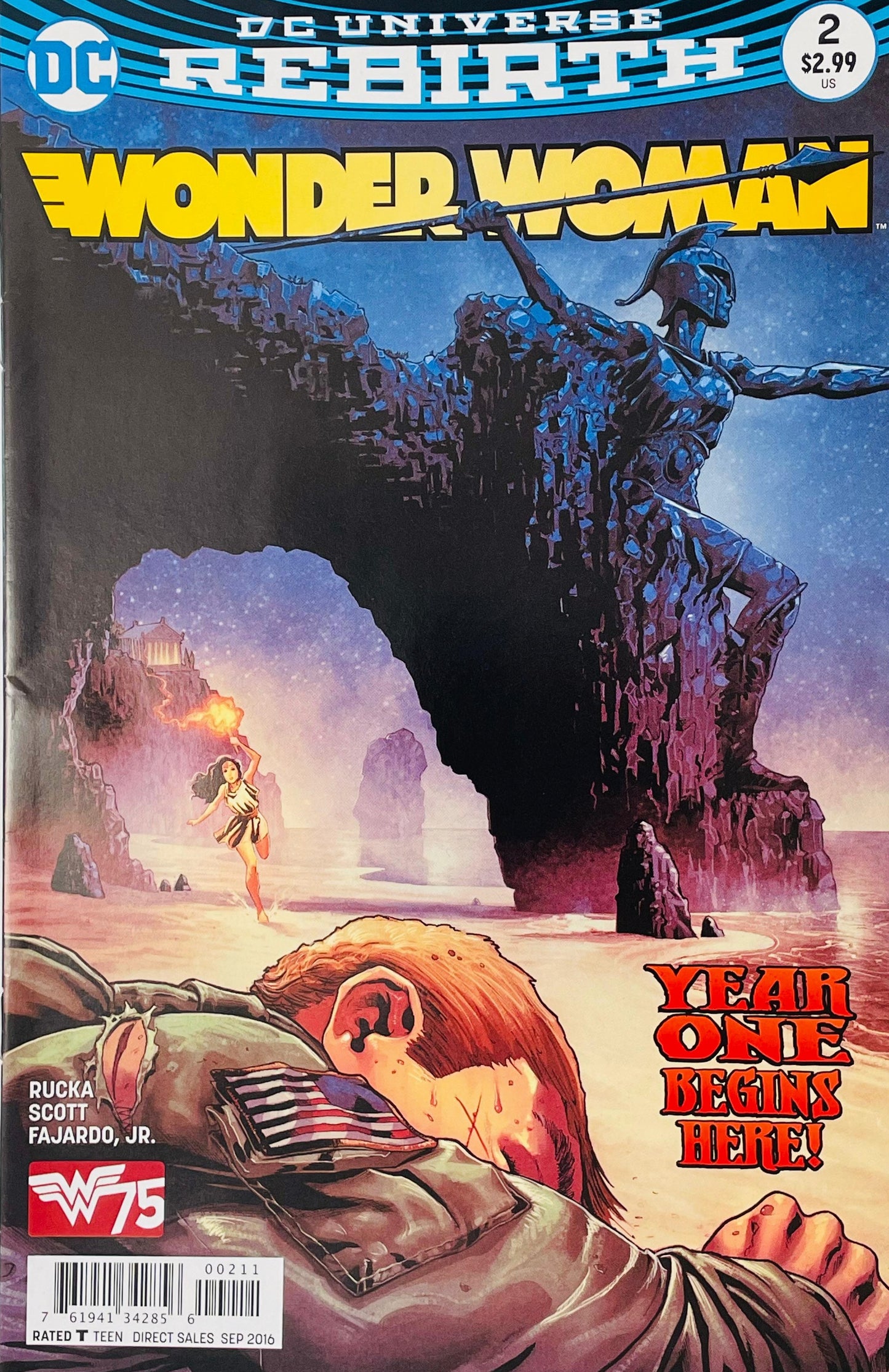 Wonder Woman issue 2 cover by Nicola Scott showing Steve Trevor washed ashore while young Diana runs toward him with a torch on Paradise Island.