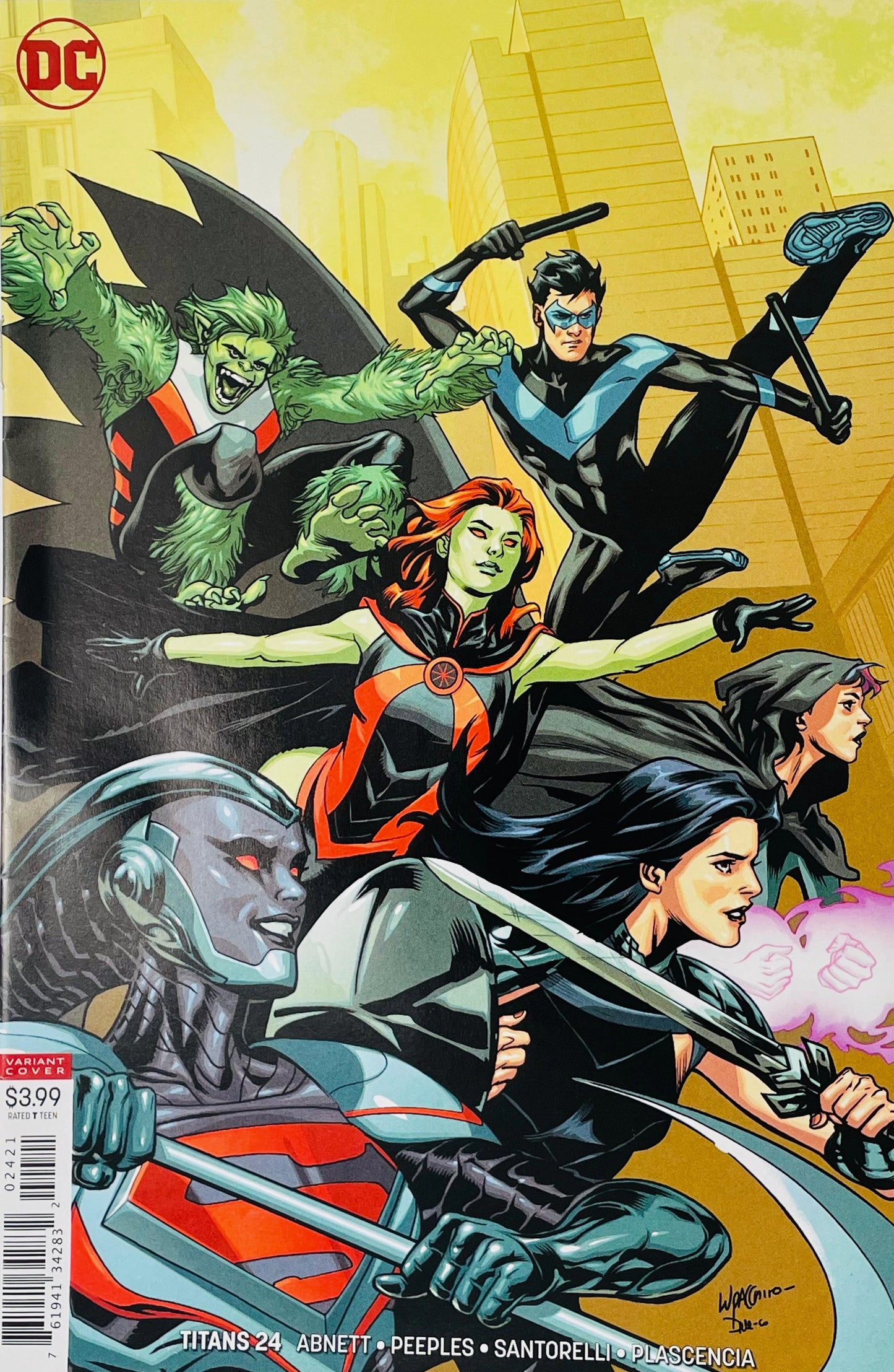 Titans issue 24 variant cover by Lee Garbett featuring Nightwing, Miss Martian, Beast Boy, Donna Troy, Raven, and Steel leaping into battle against a yellow city backdrop.