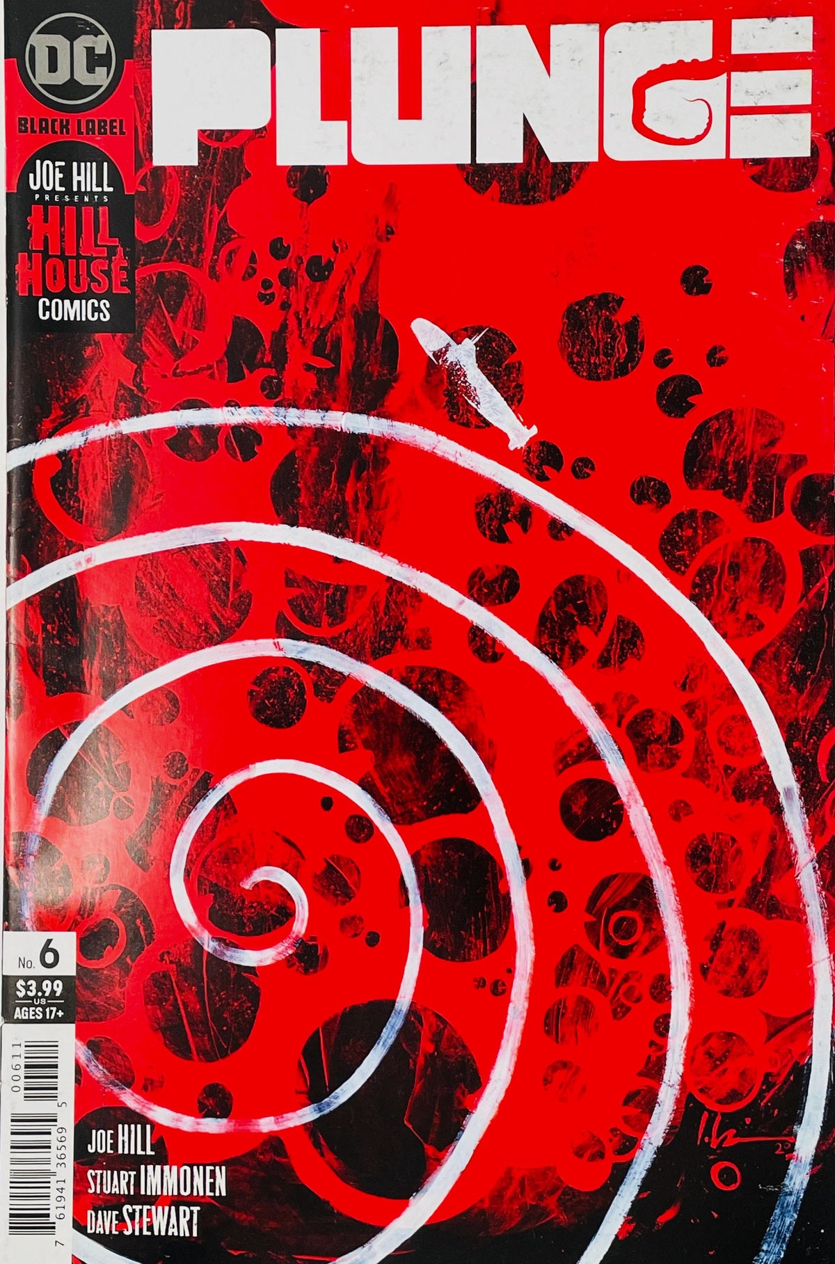 Plunge issue 6 cover featuring a white spiral overlaid on a red and black abstract background with a small vessel diving into the swirl.