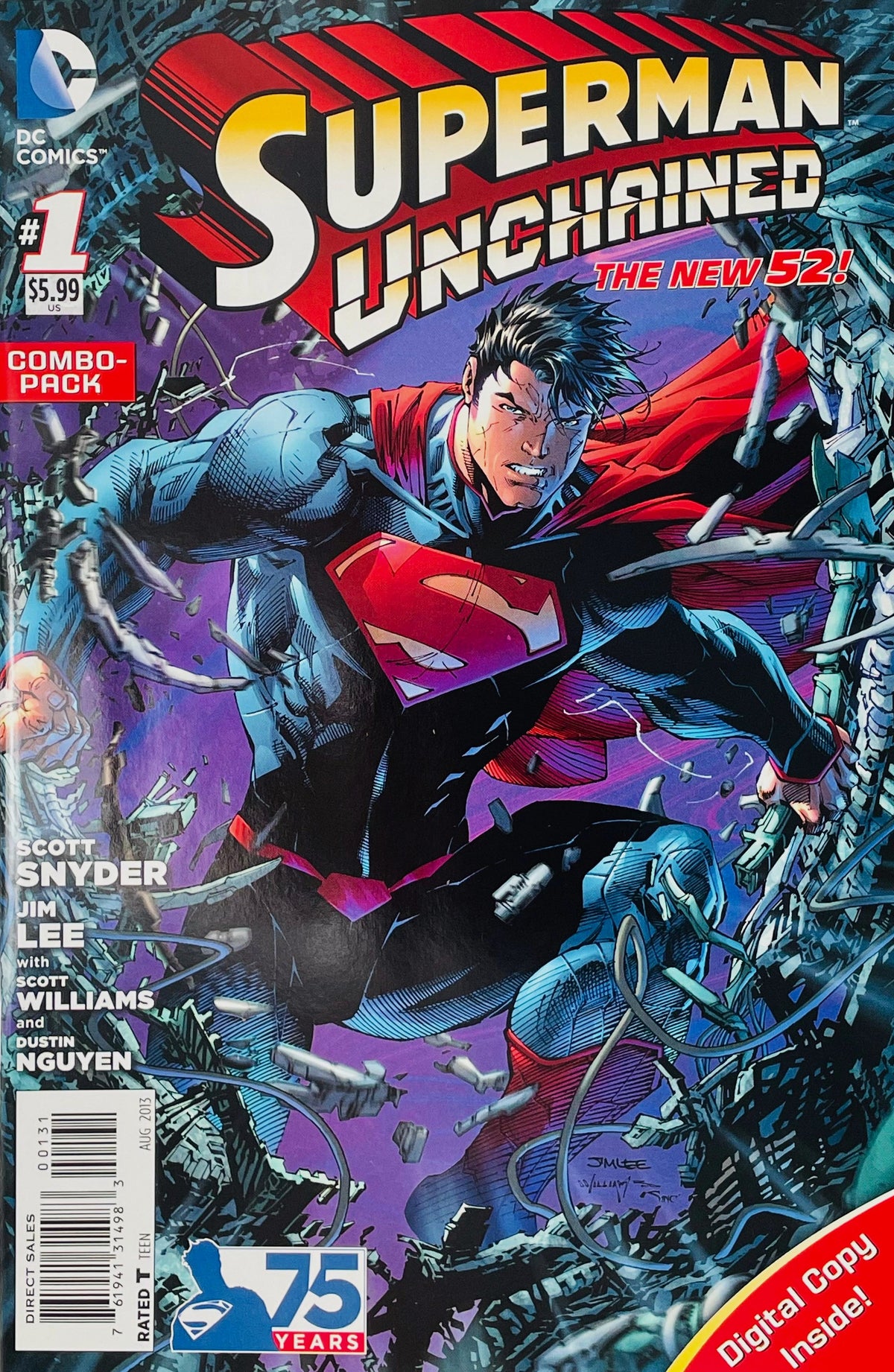 Superman Unchained issue 1 Combo-Pack cover by Jim Lee showing Superman crashing through metal debris with a floating red cape.