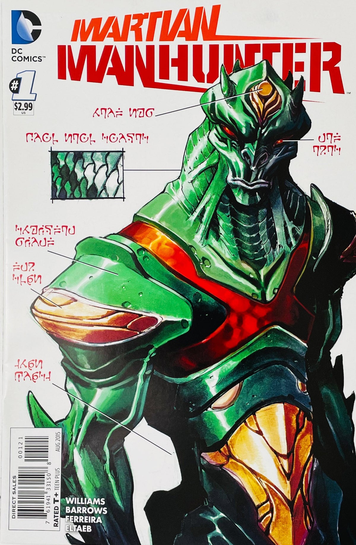 Martian Manhunter issue 1 variant cover by Eddy Barrows showing a blueprint concept design of J'onn J'onzz in green alien bio-armor with alien text annotations.