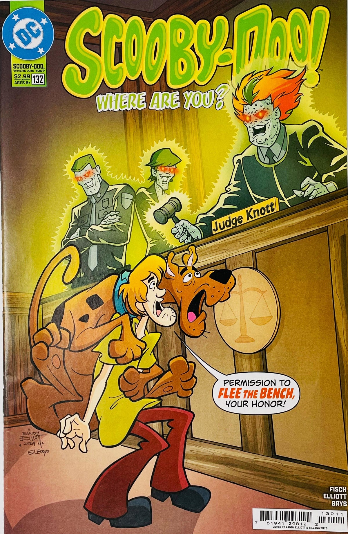 Scooby-Doo Where Are You issue 132 cover showing Shaggy carrying a scared Scooby-Doo in a courtroom while a ghost judge with glowing eyes glares at them.