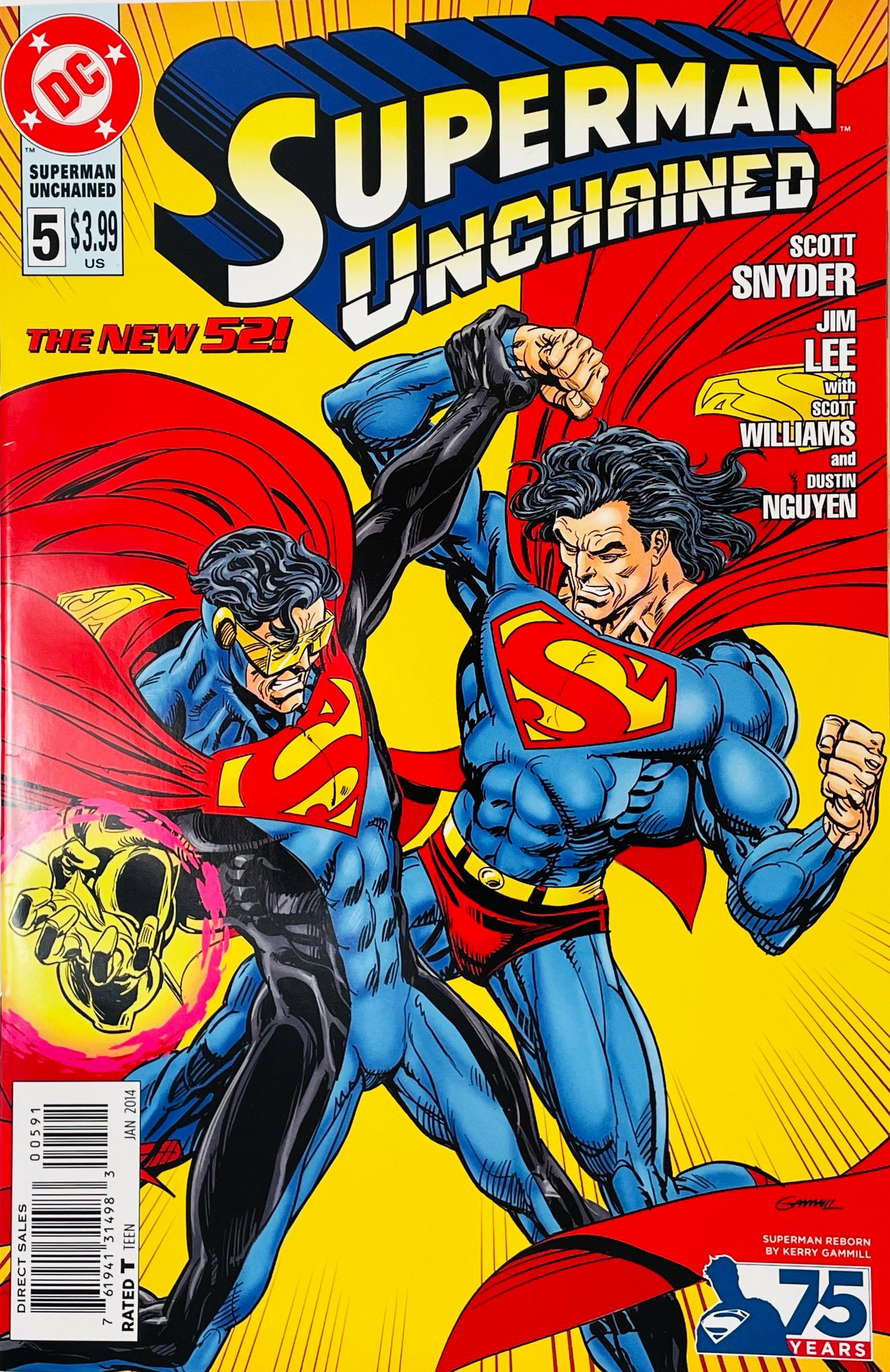 Superman Unchained issue 5 1990s variant cover by Kerry Gammill featuring long-haired Superman fighting the Eradicator in his yellow visor.