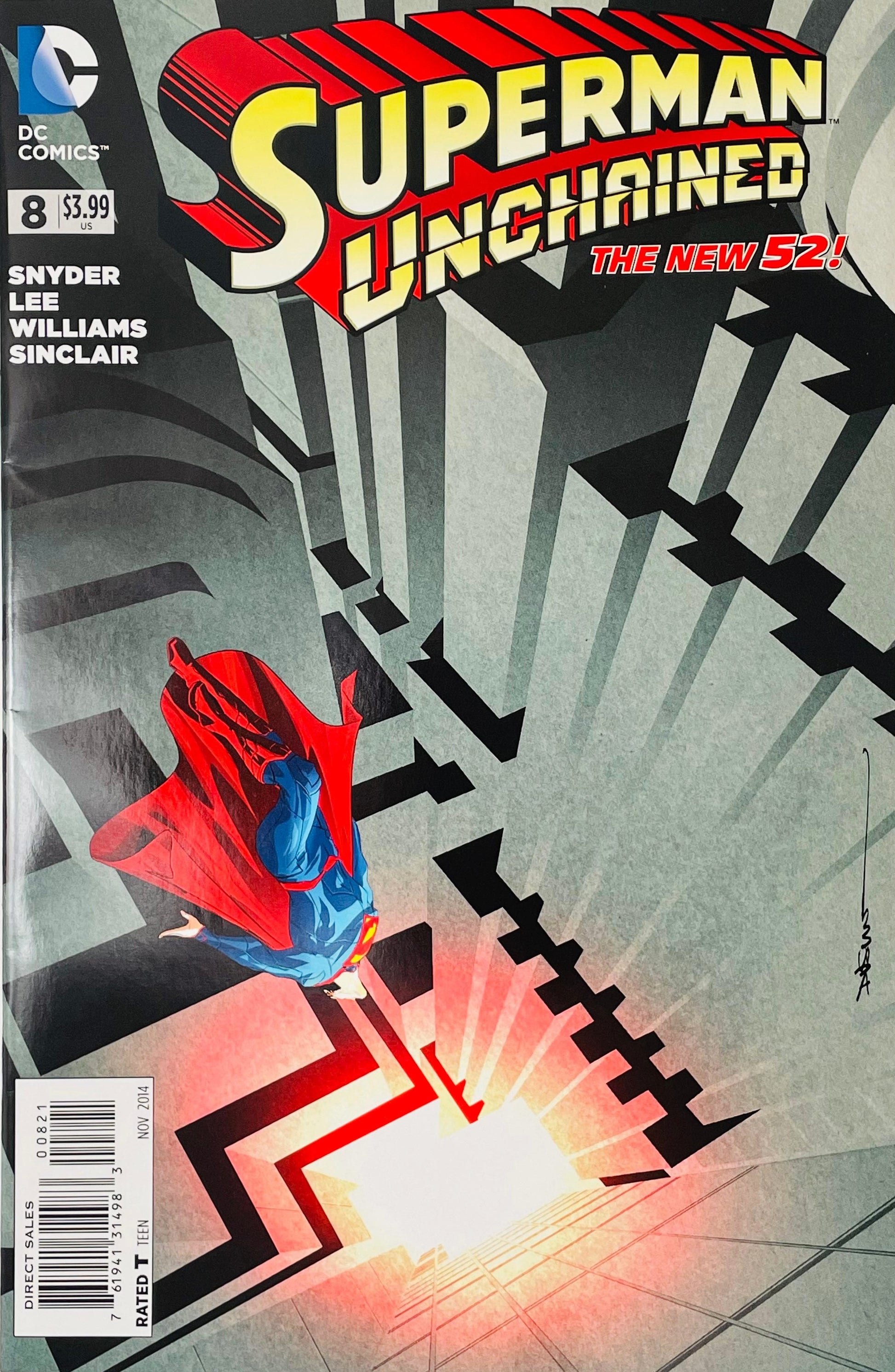 Superman Unchained issue 8 variant cover by Dave Johnson showing Superman diving downward through geometric grey buildings toward a red light.