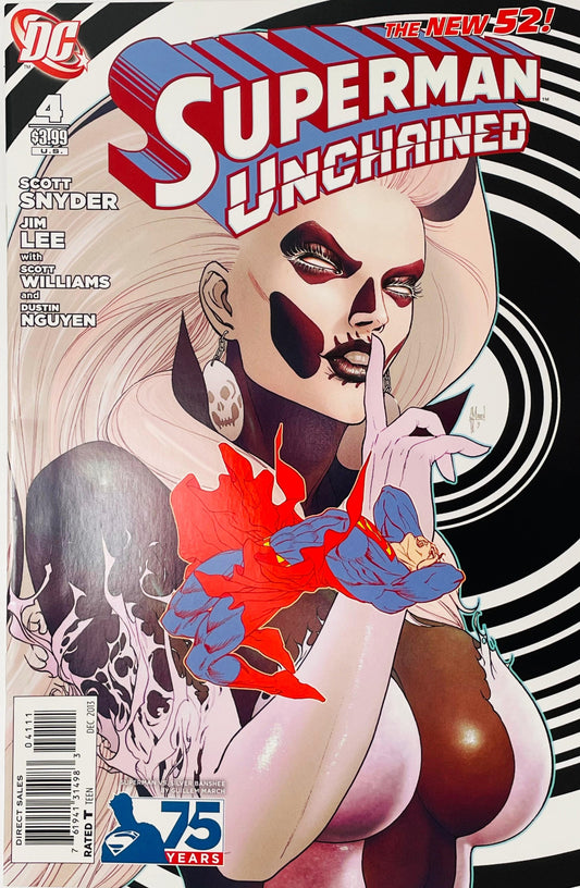Superman Unchained issue 4 variant cover by Guillem March featuring Silver Banshee shushing with a tiny Superman trapped in her hair against a spiral background.