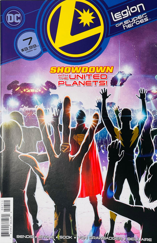 Legion of Super-Heroes issue 7 cover by Ryan Sook showing Superboy and Legionnaires raising their hands with flight rings toward futuristic spaceships.