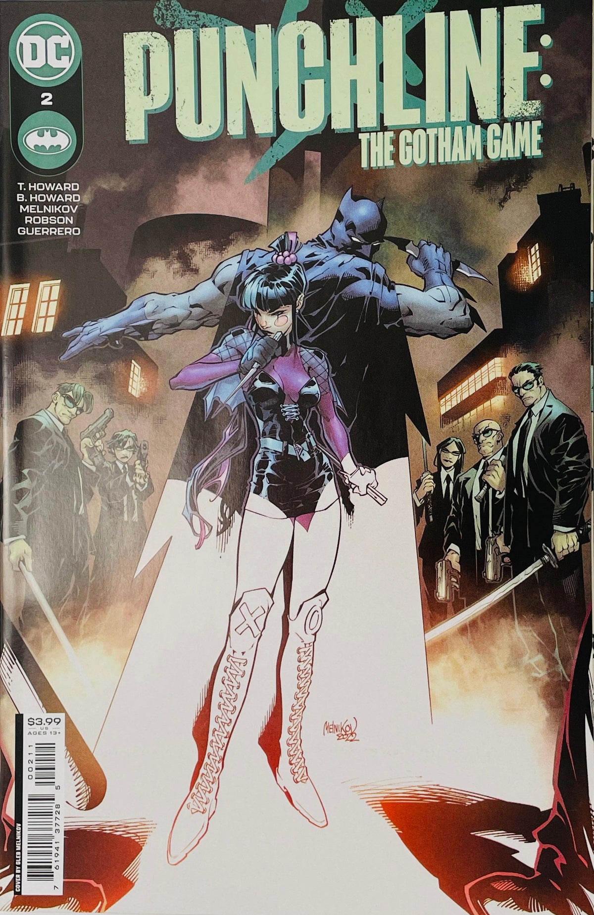 Punchline The Gotham Game issue 2 cover by Gleb Melnikov featuring Punchline holding a dagger in front of a looming Batman silhouette with suit-wearing mobsters.