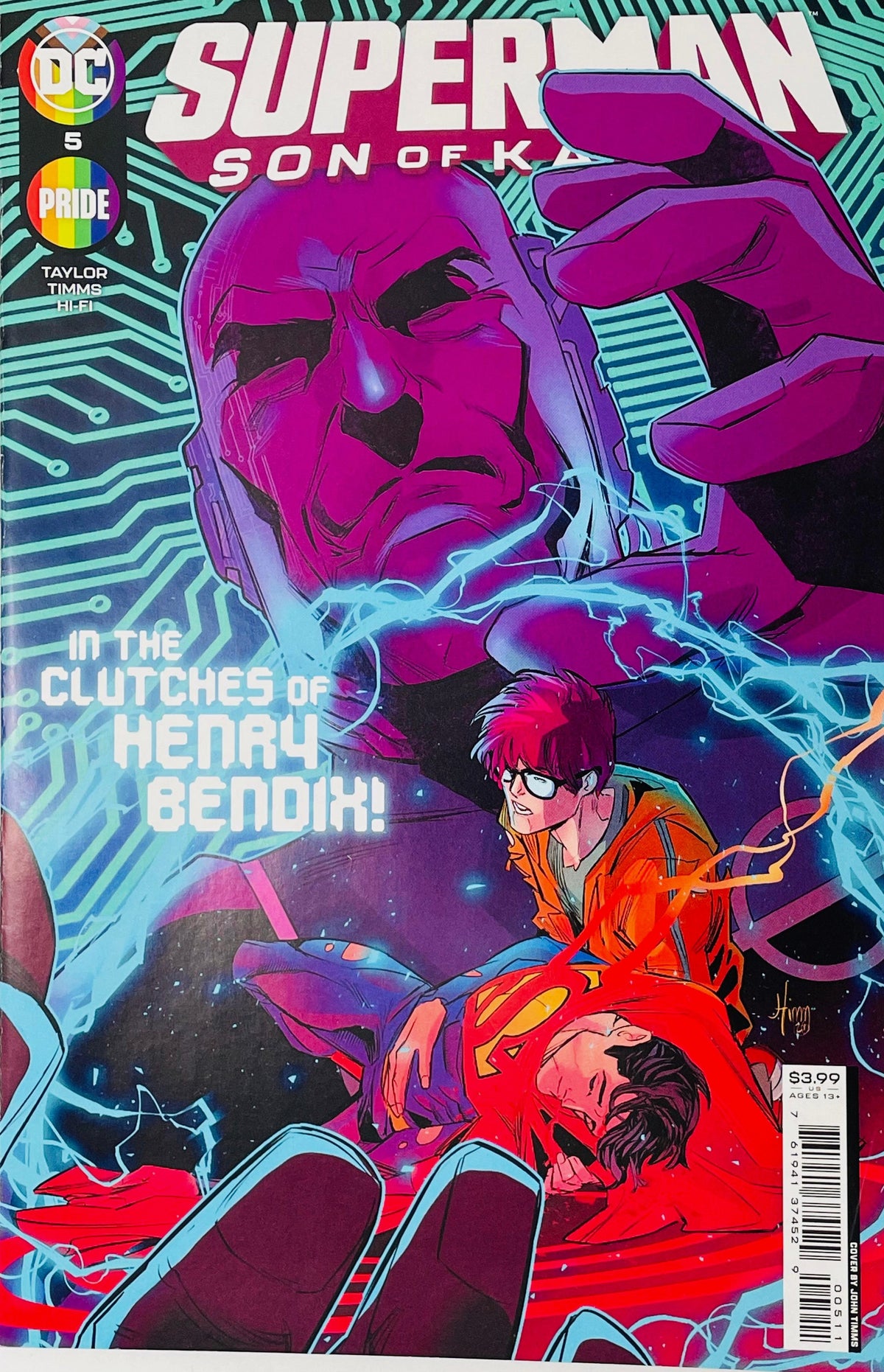 Superman Son of Kal-El issue 5 cover by John Timms showing Jay Nakamura tending to an injured Jon Kent while Henry Bendix looms behind them in purple hologram circuits.