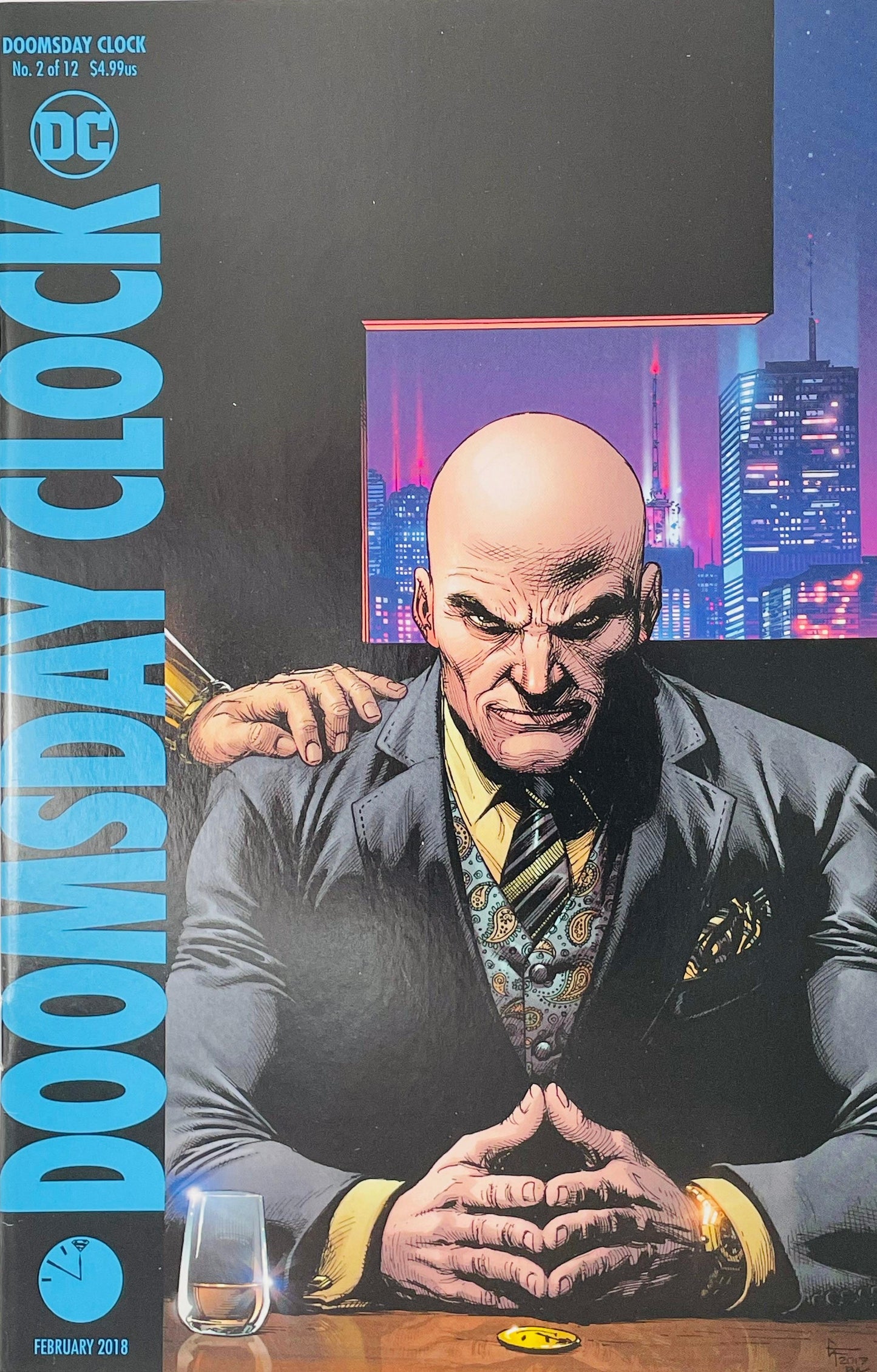Doomsday Clock issue 2 cover by Gary Frank featuring Lex Luthor sitting at a desk with Ozymandias placing a hand on his shoulder in front of a night skyline window.