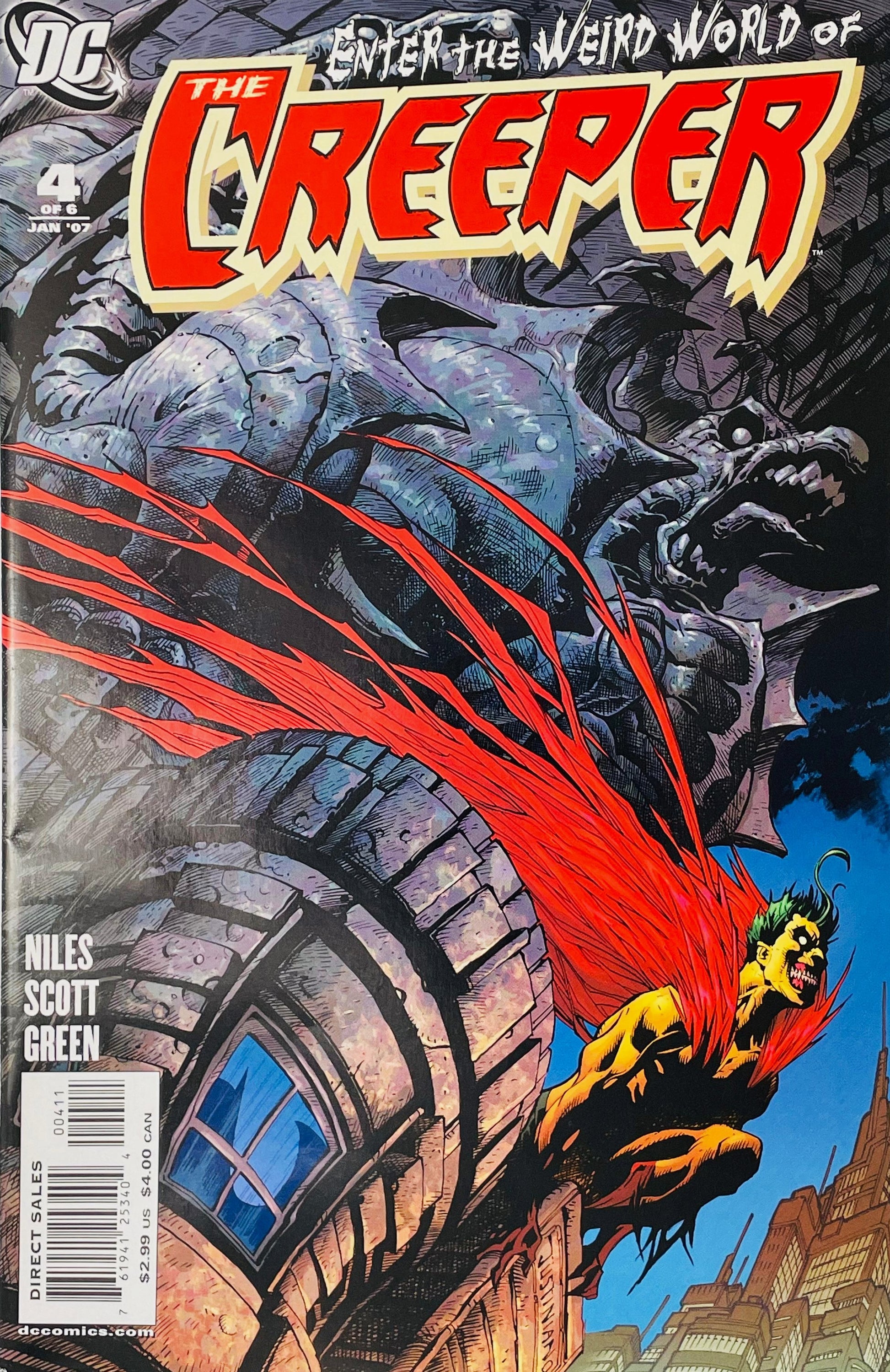 The Creeper issue 4 cover by Justiniano featuring The Creeper leaping off a building gargoyle with his red feather boa streaming as a huge stone monster looms above.
