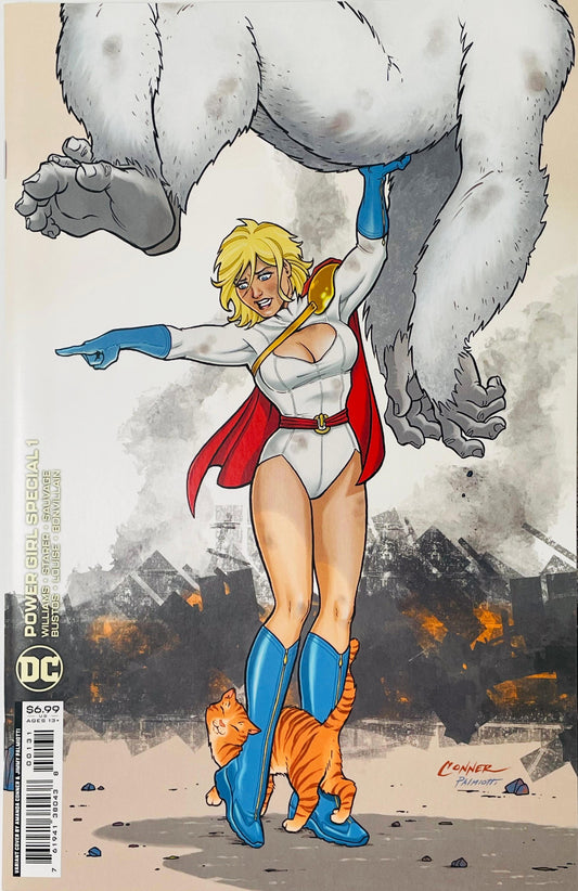 Power Girl Special issue 1 variant cover by Amanda Conner featuring Power Girl lifting a giant white yeti with one hand while an orange cat weaves around her legs.