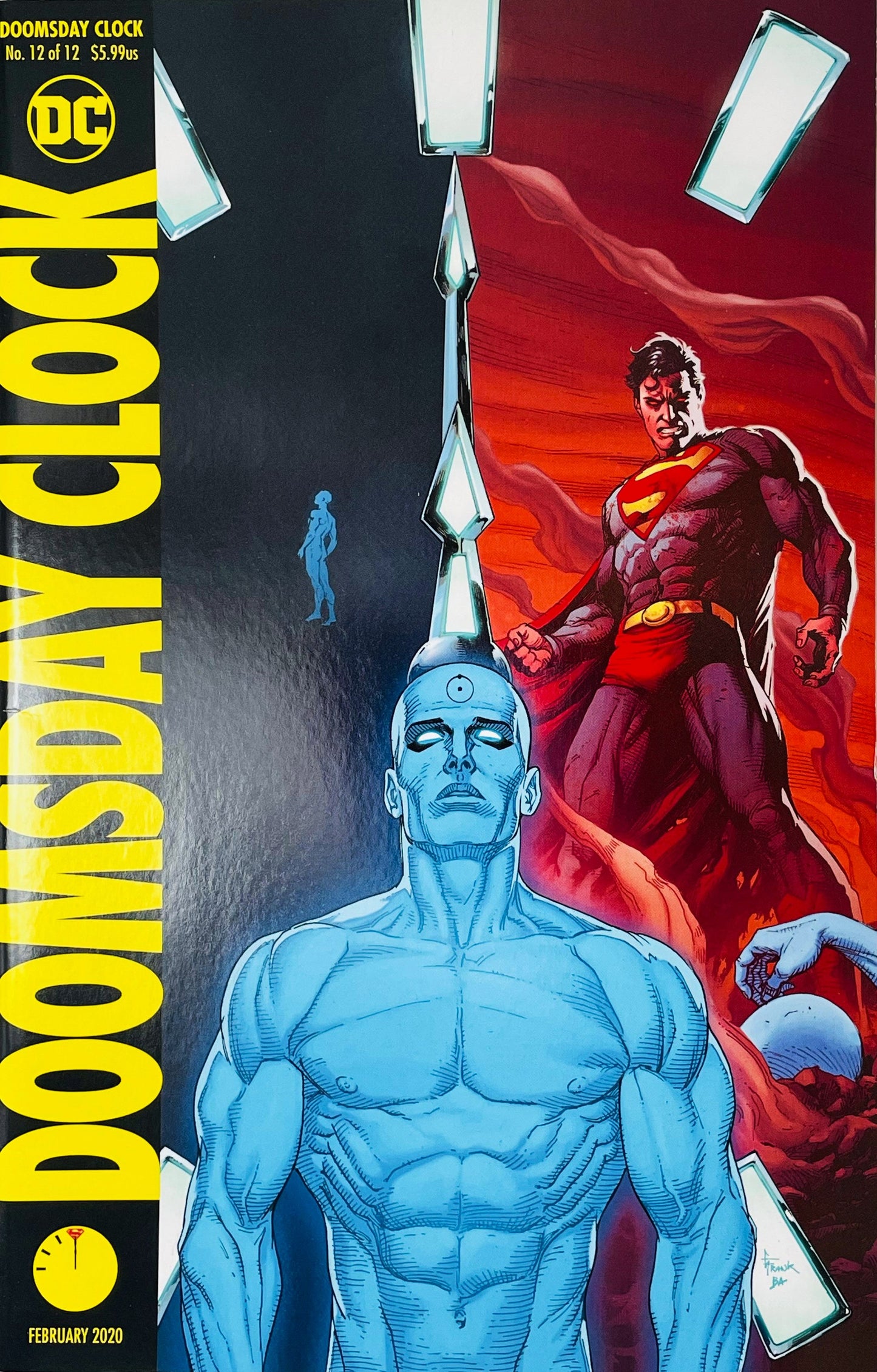 Doomsday Clock issue 12 cover by Gary Frank featuring Doctor Manhattan in the foreground with clock hands pointed to midnight and Superman standing against a red backdrop.
