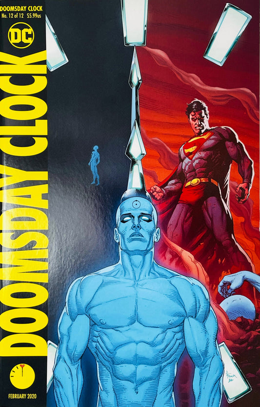 Doomsday Clock issue 12 cover by Gary Frank featuring Doctor Manhattan in the foreground with clock hands pointed to midnight and Superman standing against a red backdrop.