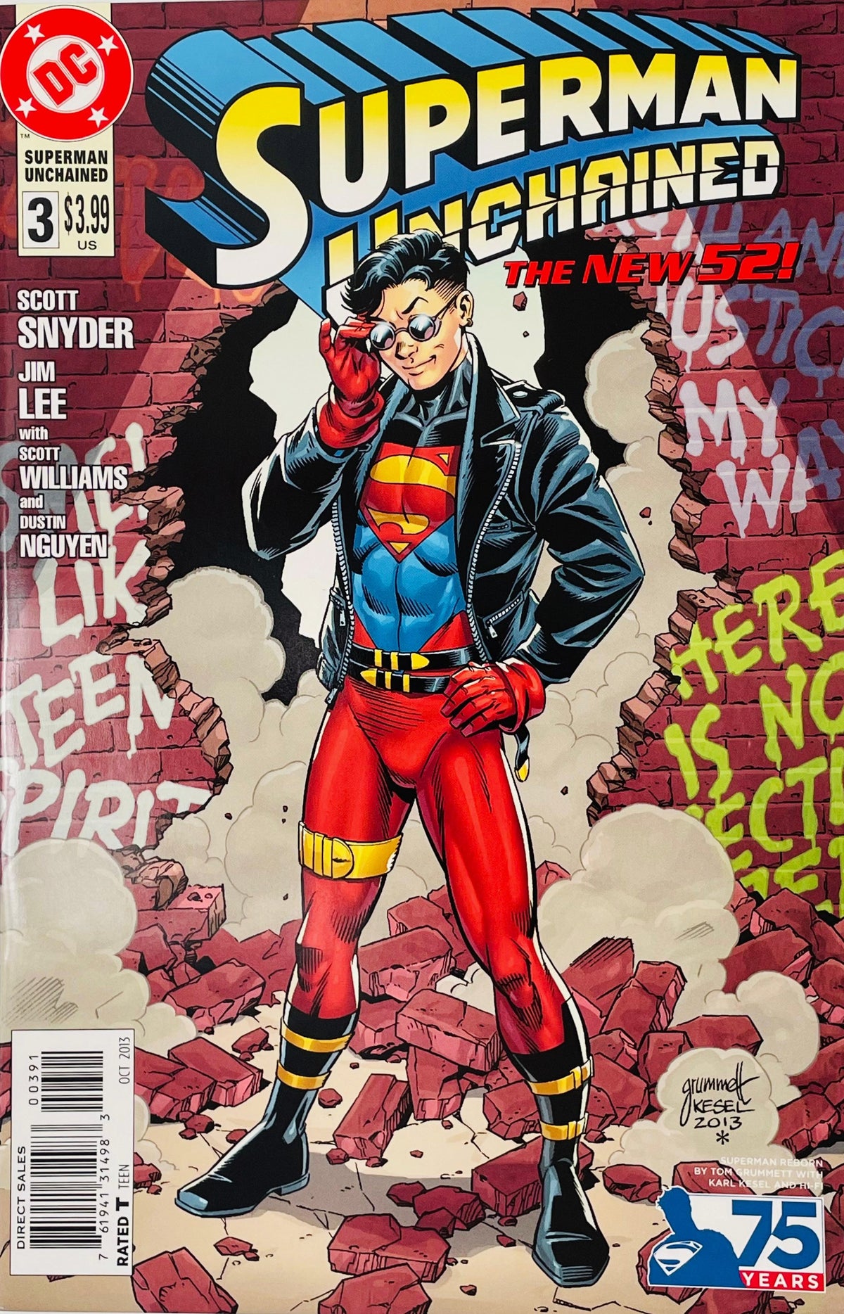 Superman Unchained issue 3 1990s variant cover by Tom Grummett featuring 90s Superboy in leather jacket and sunglasses bursting through a brick wall.