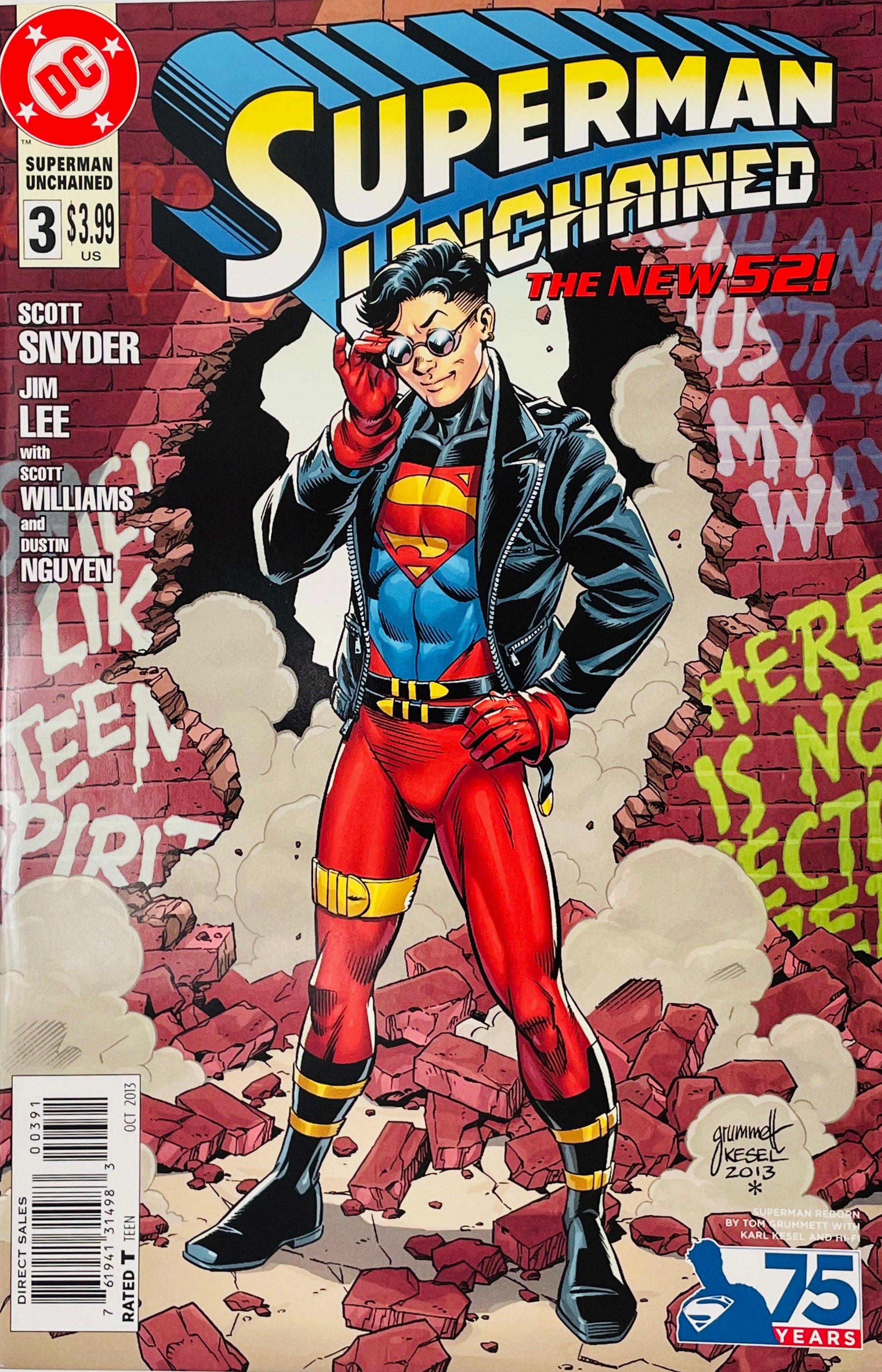 Superman Unchained issue 3 1990s variant cover by Tom Grummett featuring 90s Superboy in leather jacket and sunglasses bursting through a brick wall.