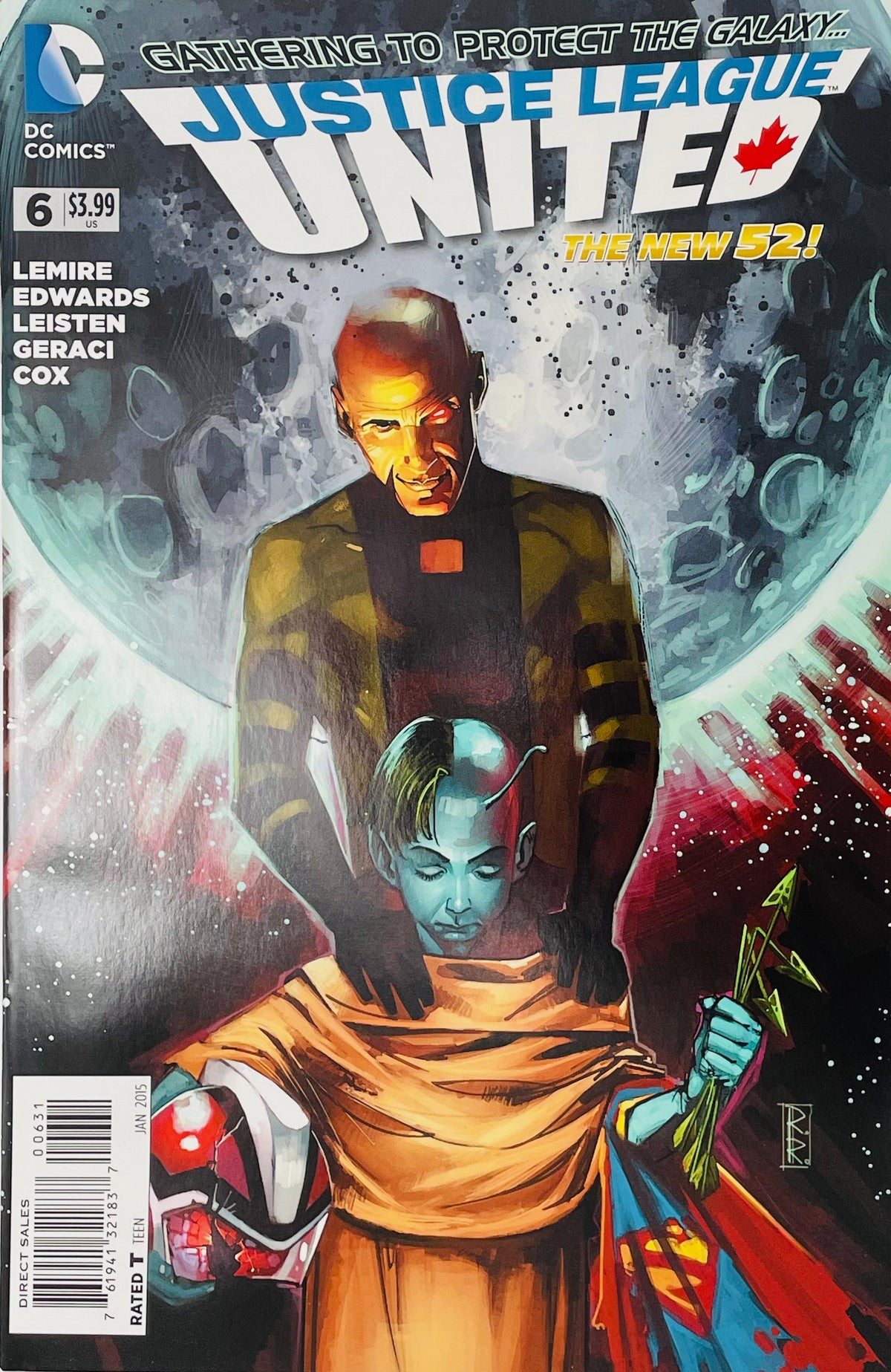 Justice League United issue 6 cover by Mike McKone featuring Martian Manhunter standing behind a robed child holding Superman's cape and Adam Strange's helmet in space.
