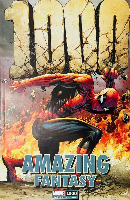 Amazing Fantasy issue 1000 variant cover by Tyler Kirkham featuring Spider-Man holding up a massive stone number 1000 surrounded by fire and debris.