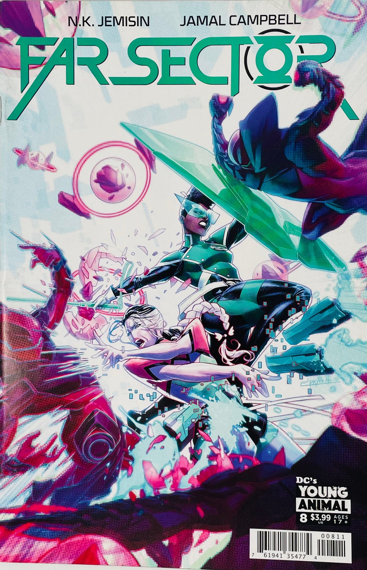 Far Sector issue 8 cover by Jamal Campbell showing Green Lantern Jo Mullein creating a green ring construct shield while battling assailants amid pink and blue energy blasts.