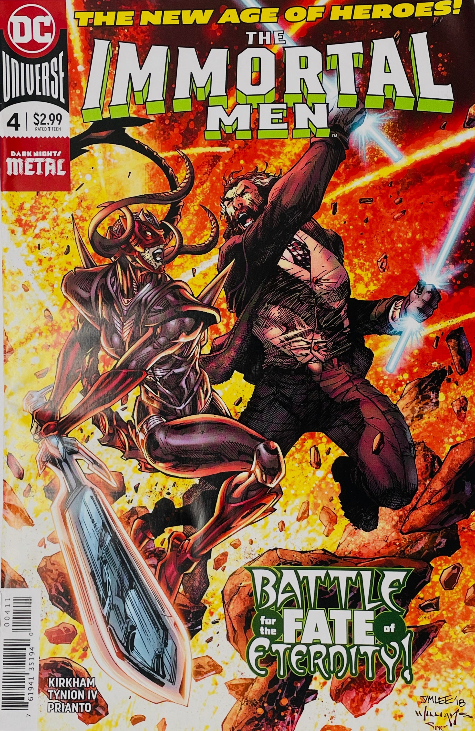 The Immortal Men issue 4 cover by Jim Lee featuring an immortal warrior with glowing blue swords battling a horned assassin amidst a fiery explosion.