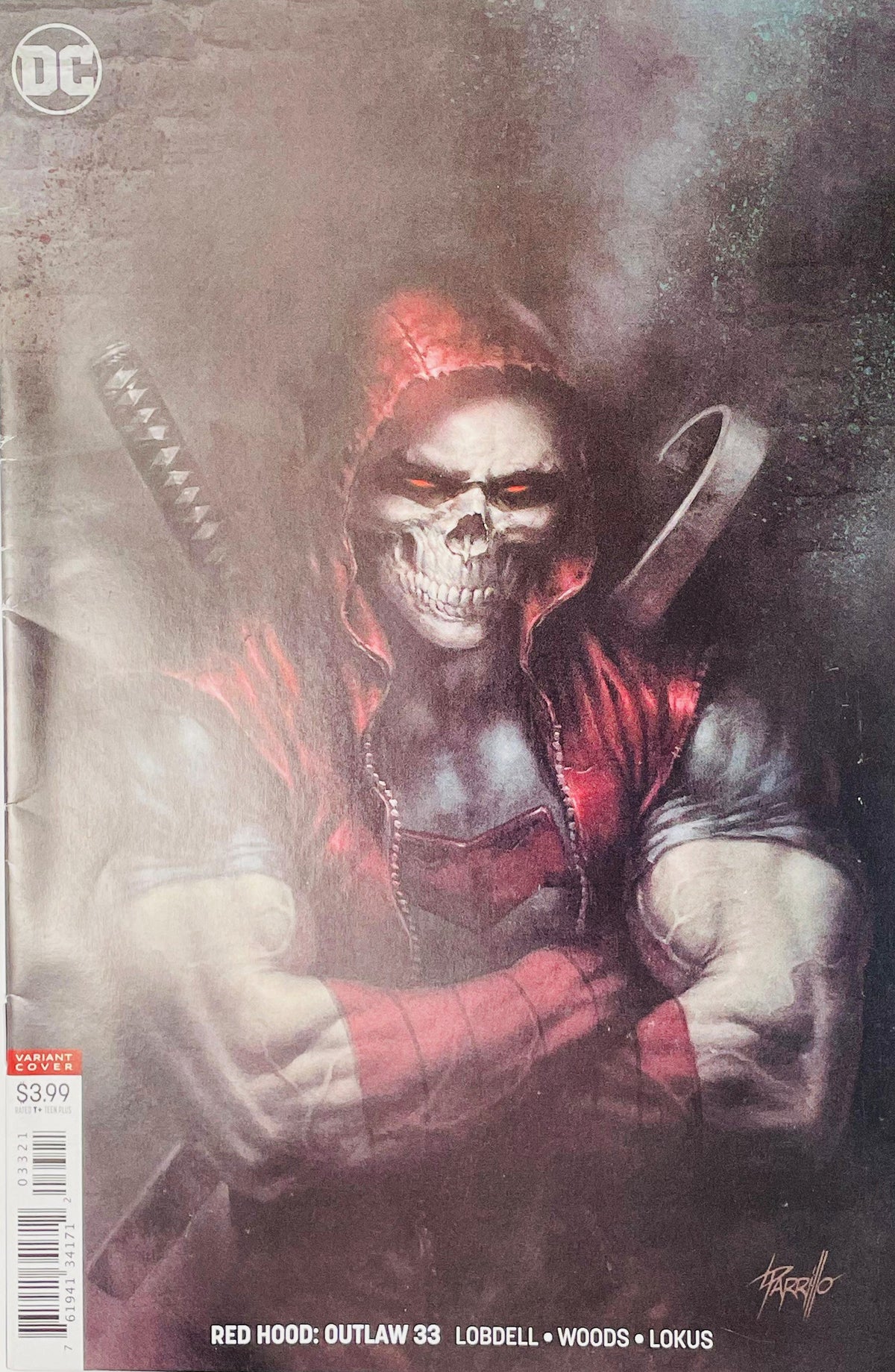 Red Hood Outlaw issue 33 variant cover by Lucio Parrillo featuring Jason Todd in a red hood and skull mask with crossed arms and weapons on his back.