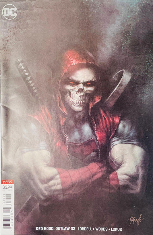 Red Hood Outlaw issue 33 variant cover by Lucio Parrillo featuring Jason Todd in a red hood and skull mask with crossed arms and weapons on his back.