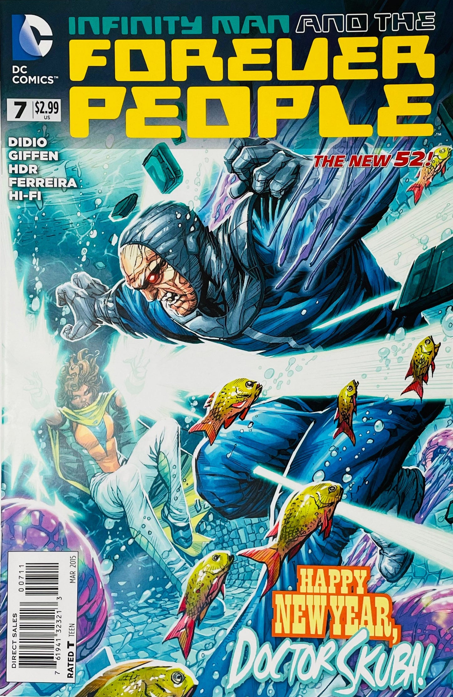Infinity Man and the Forever People issue 7 cover featuring Doctor Skuba attacking underwater amidst glowing yellow fish and bubbles with Serafin swimming below.