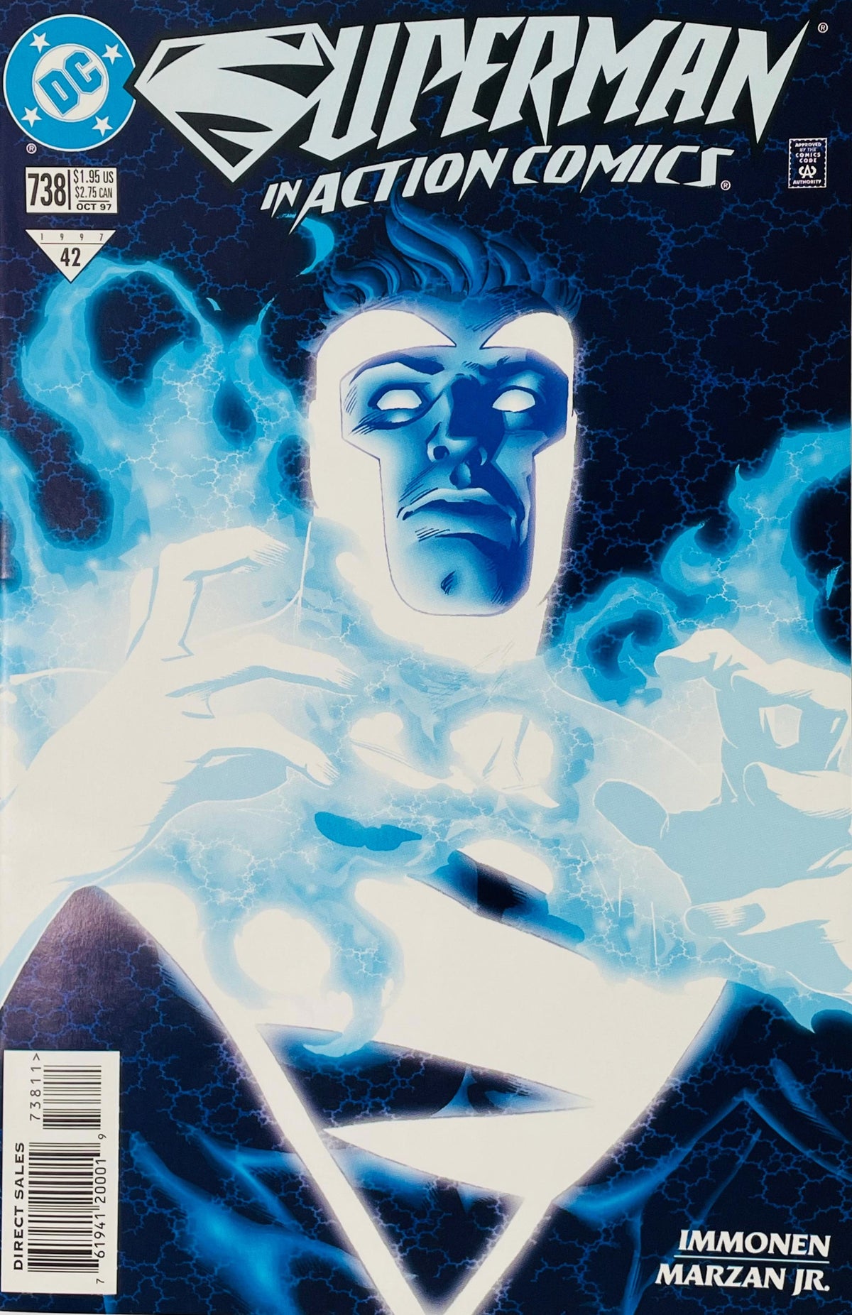 Action Comics issue 738 cover by Stuart Immonen featuring Superman Blue glowing with crackling white and electric blue energy against a dark blue background.