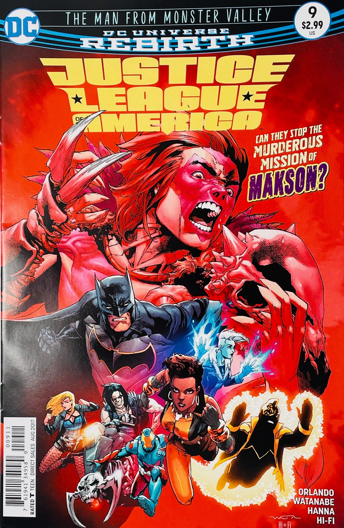 Justice League of America issue 9 cover by Ivan Reis featuring a menacing Makson looming over Batman, Vixen, Frost, and the JLA team in front of a red backdrop.