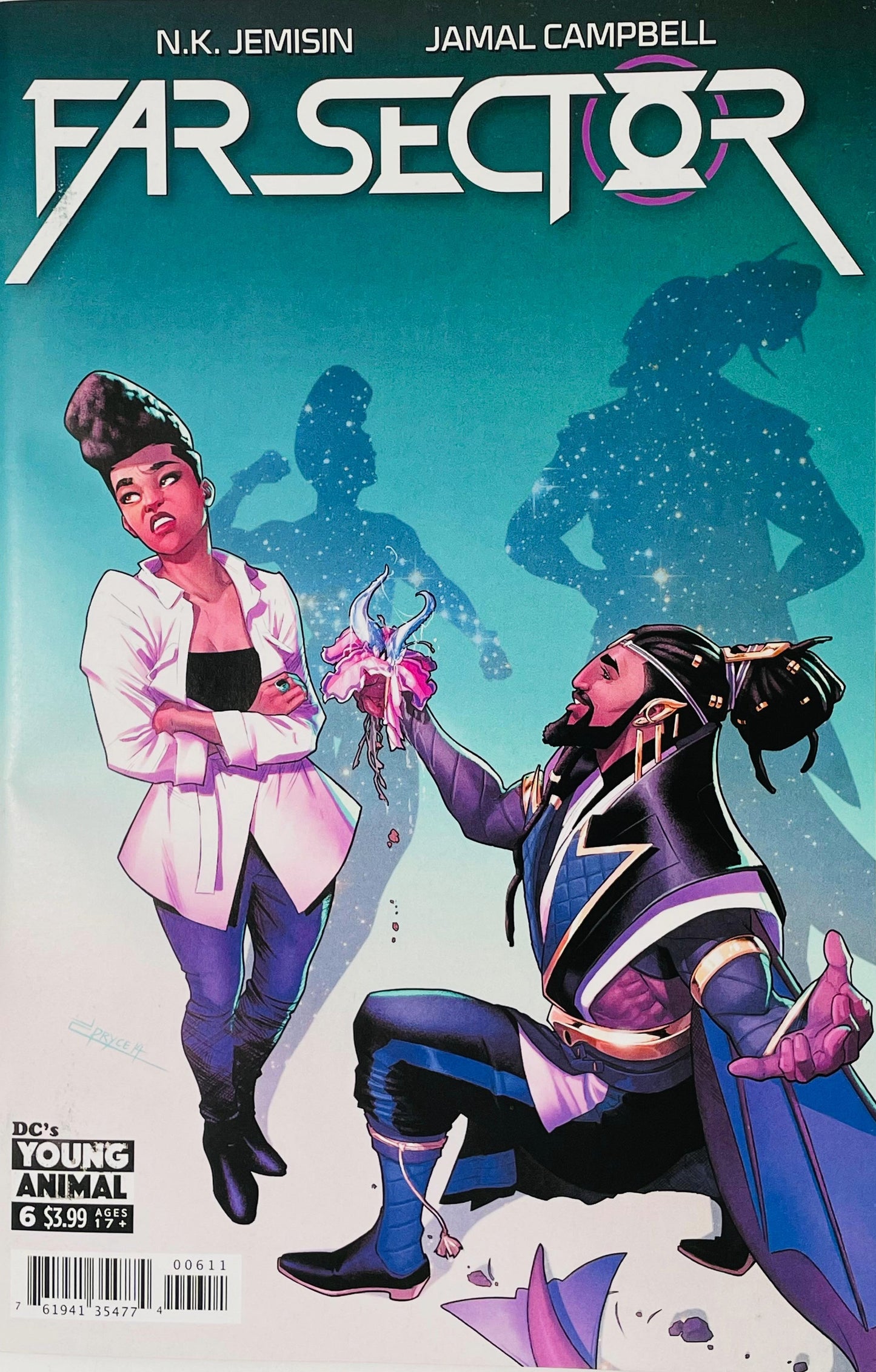 Far Sector issue 6 cover by Jamal Campbell showing Jo Mullein standing unimpressed as Councilman Marth kneels to offer her a glowing alien flower.