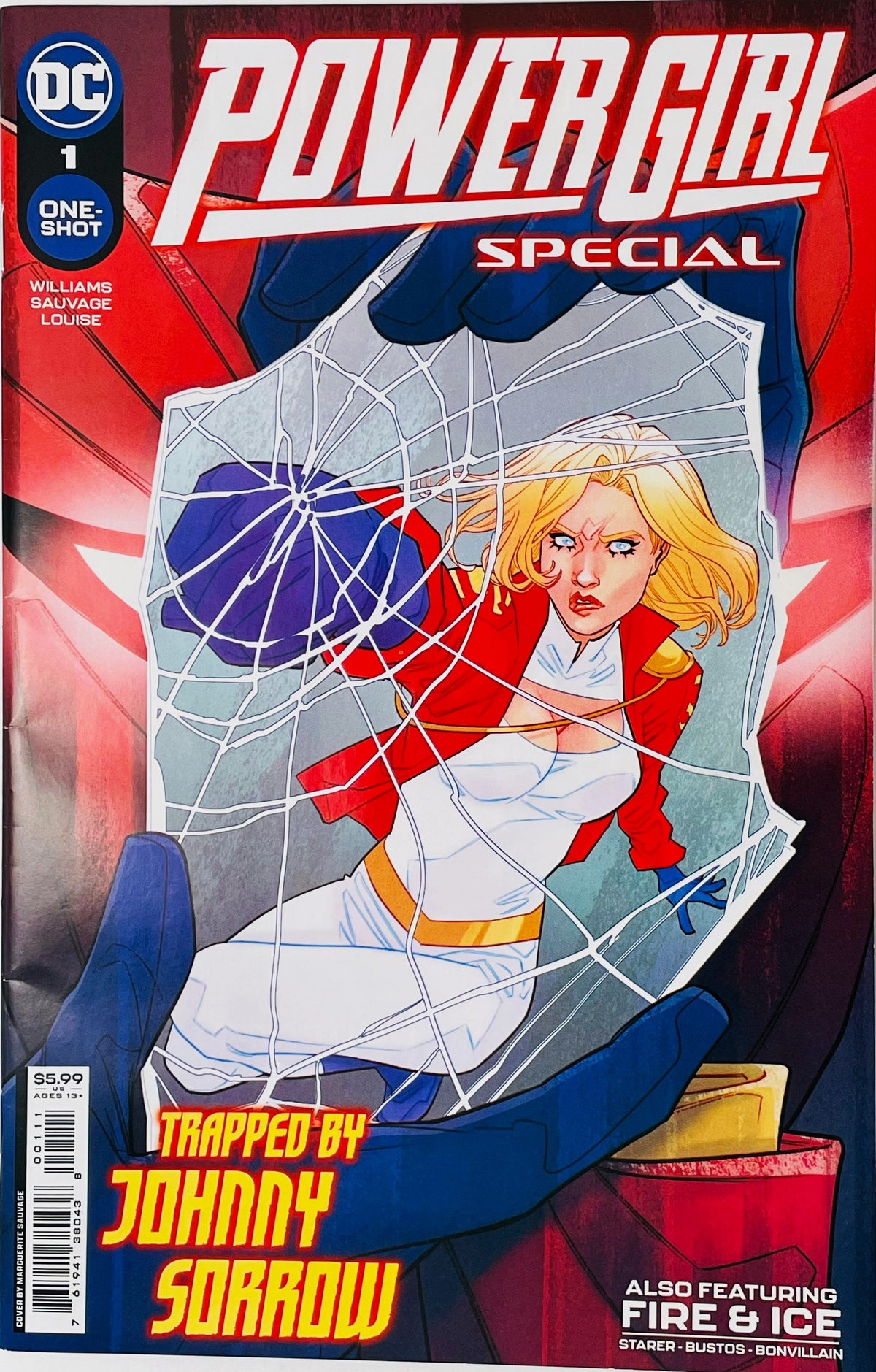 Power Girl Special issue 1 main cover by Marguerite Sauvage showing Power Girl punching through a cracked mirror frame with text reading Trapped by Johnny Sorrow.