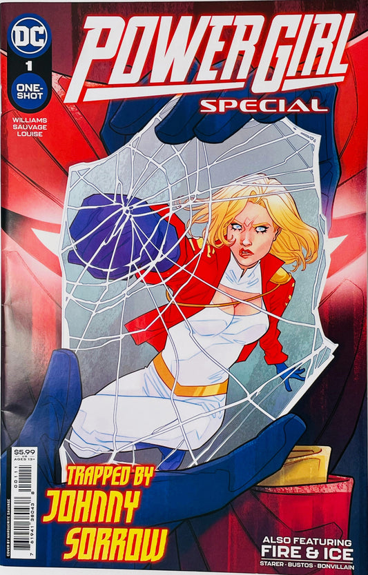 Power Girl Special issue 1 main cover by Marguerite Sauvage showing Power Girl punching through a cracked mirror frame with text reading Trapped by Johnny Sorrow.