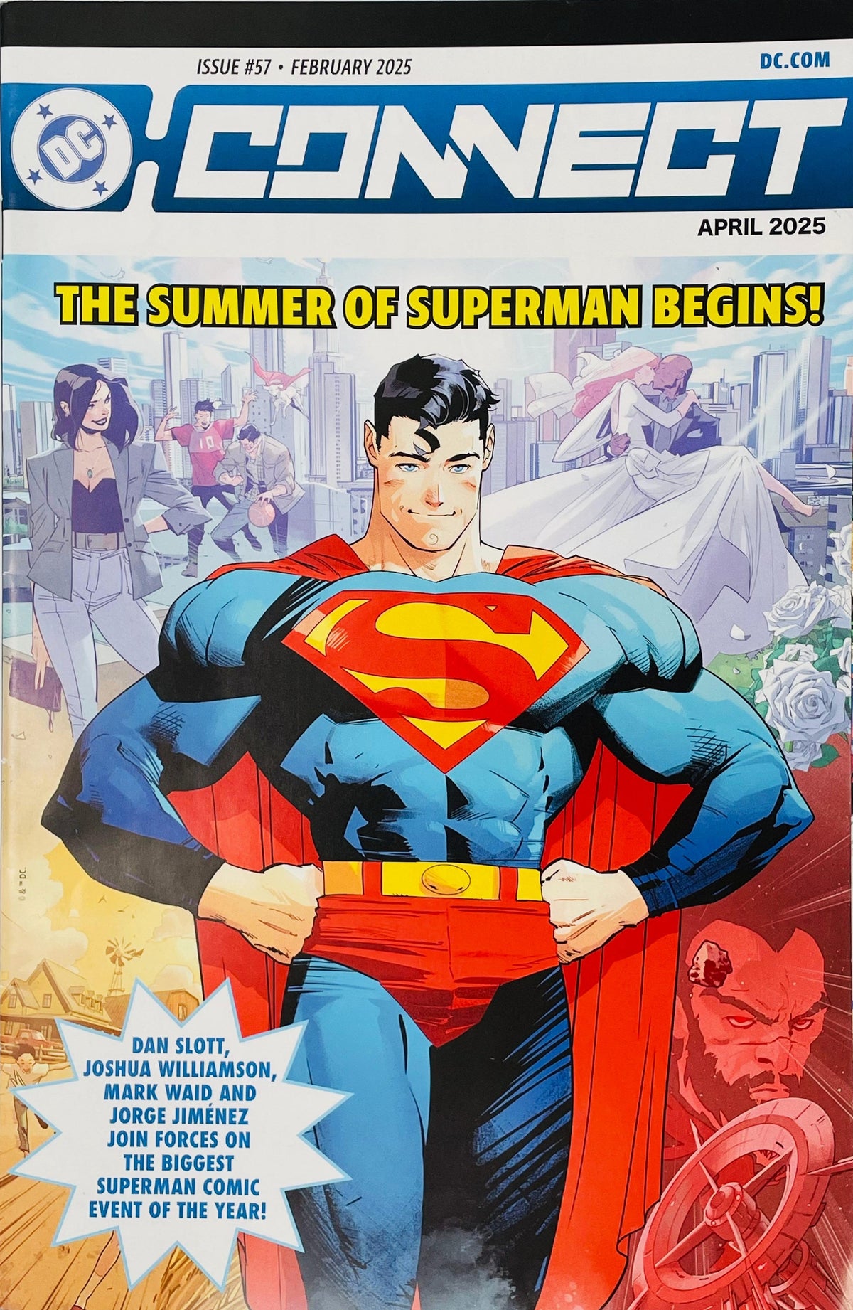 DC Connect issue 57 cover featuring Superman standing heroically with hands on hips under the headline The Summer of Superman Begins.