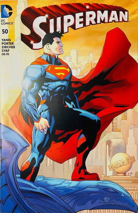 Superman issue 50 cover by Howard Porter featuring Superman standing heroically atop a Metropolis gargoyle with his cape flowing against a warm sunset sky.