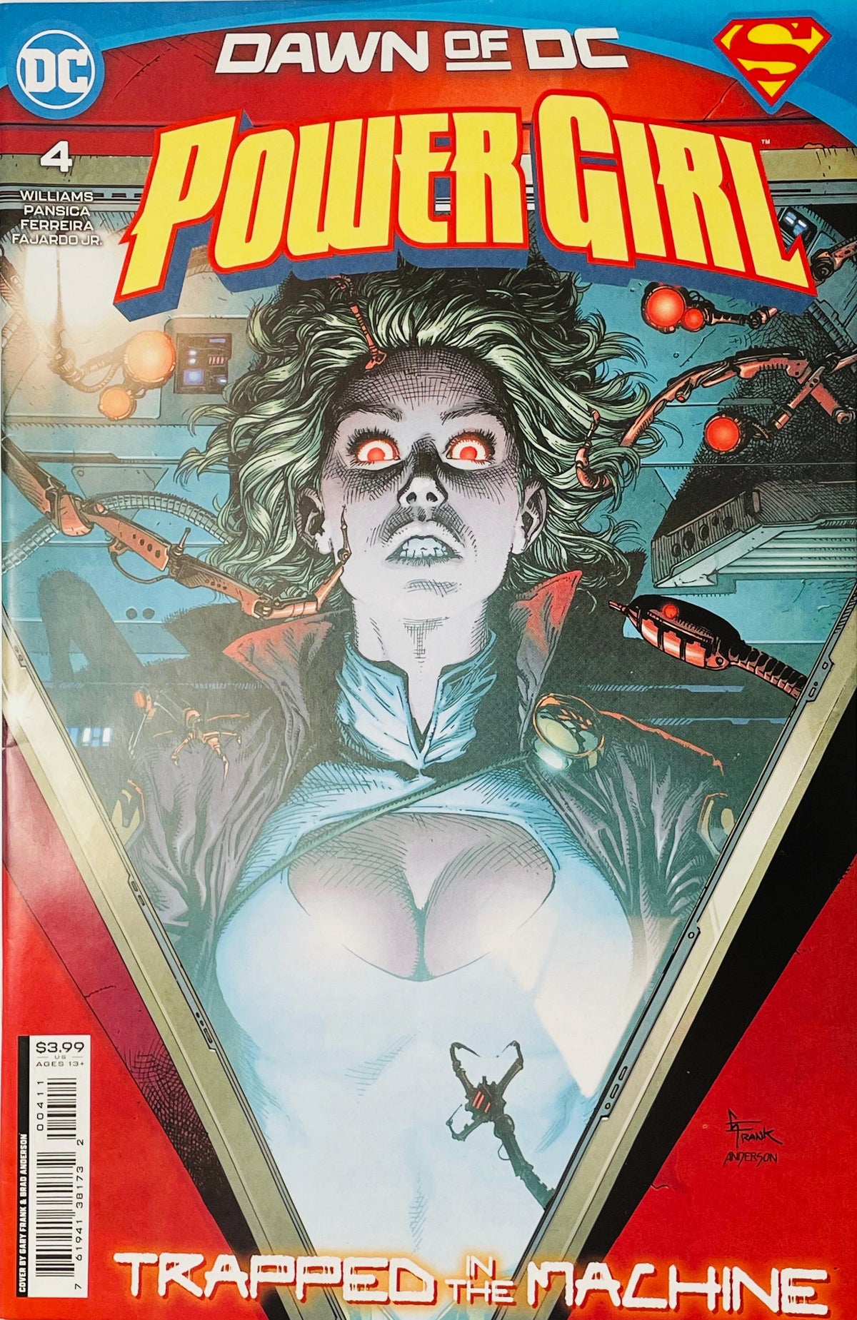 Power Girl issue 4 cover by Gary Frank depicting Power Girl with glowing red eyes trapped inside a futuristic glass pod with robotic arms.
