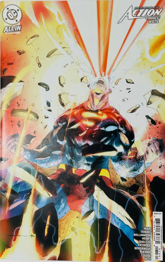 Action Comics issue 1075 1 50 incentive virgin variant cover by Kael Ngu showing Superman firing massive heat vision beams into the sky surrounded by exploding debris.