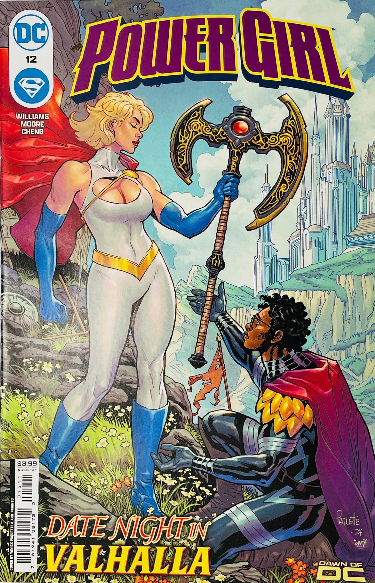 Power Girl issue 12 cover by Yanick Paquette featuring Power Girl holding a large golden battleaxe presented by a kneeling hero in front of a white fantasy castle.