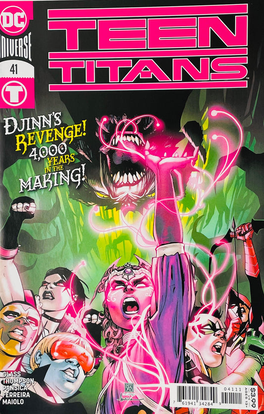 Teen Titans issue 41 cover by Bernard Chang showing Djinn channeling pink magic over Robin and the Teen Titans while a monstrous demon roars in the green background.