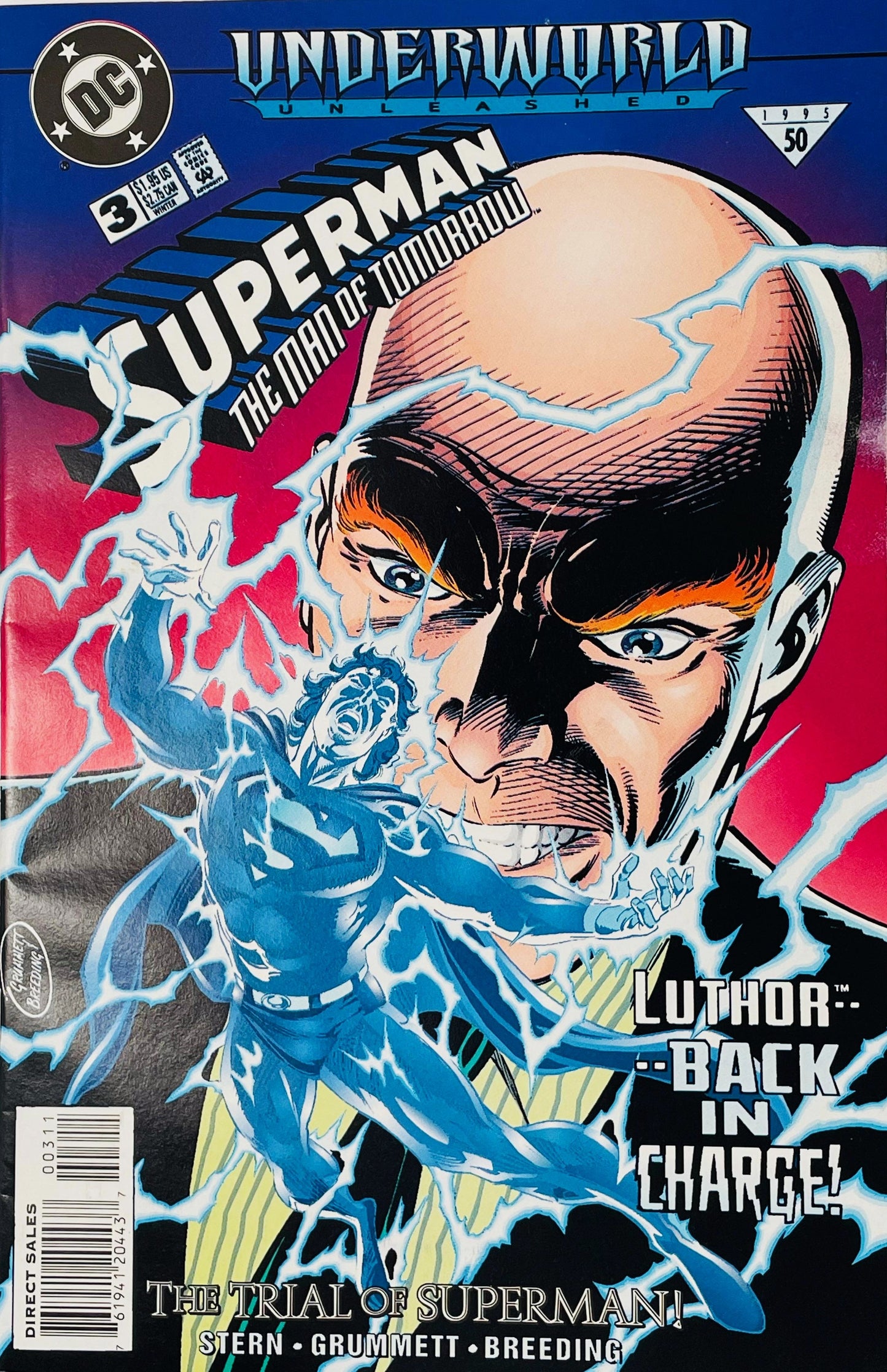 Superman The Man of Tomorrow issue 3 cover by Tom Grummett featuring Lex Luthor holding a crackling blue energy figure of Superman with text reading Luthor Back In Charge.