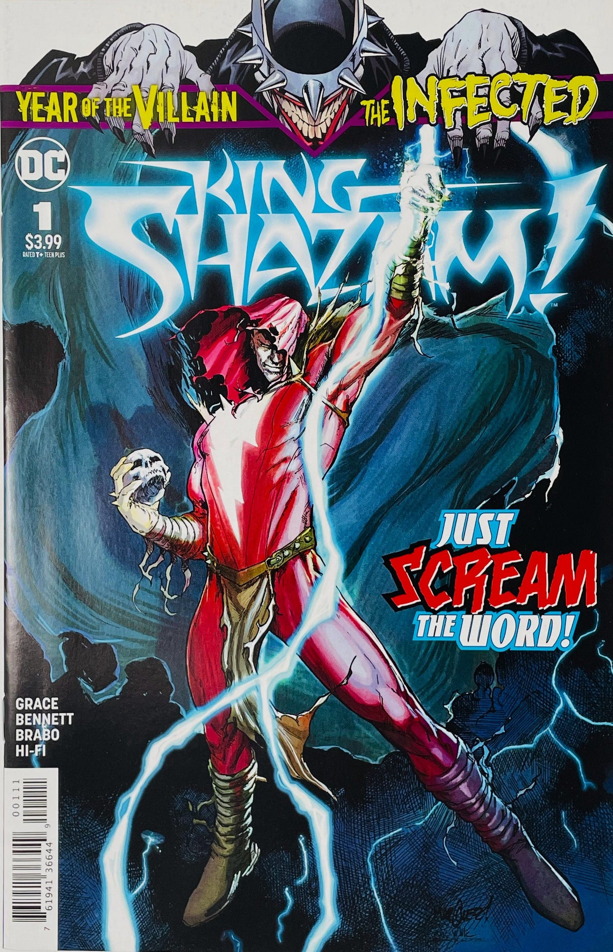 The Infected King Shazam issue 1 cover by David Marquez featuring a corrupted Shazam holding a human skull with dark lightning as The Batman Who Laughs looms above.