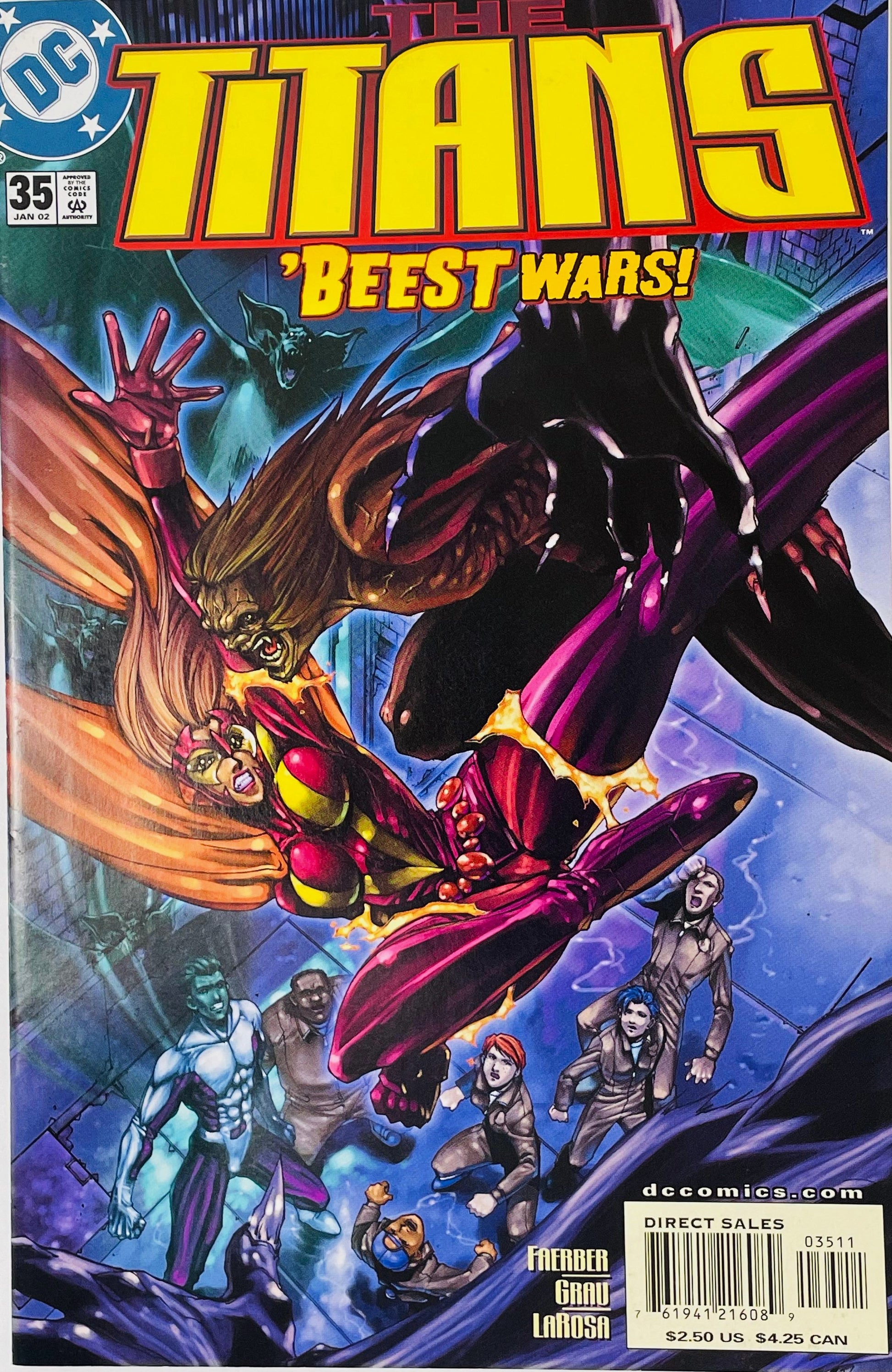 The Titans issue 35 cover by Peter Grau showing Starfire fighting off a leaping creature during Beest Wars as Beast Boy looks on from below.
