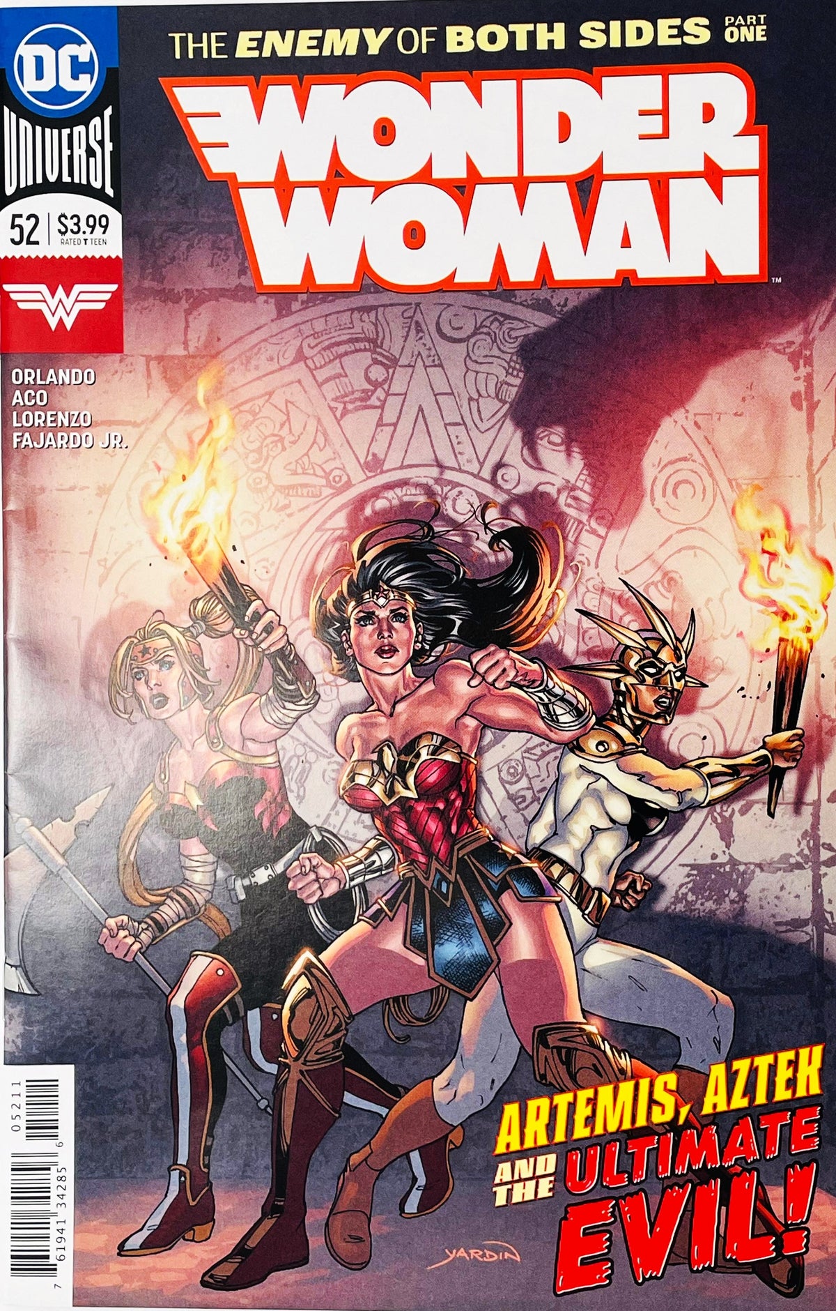 Wonder Woman issue 52 cover by David Yardin featuring Wonder Woman, Artemis, and Aztek holding torches in a stone temple.