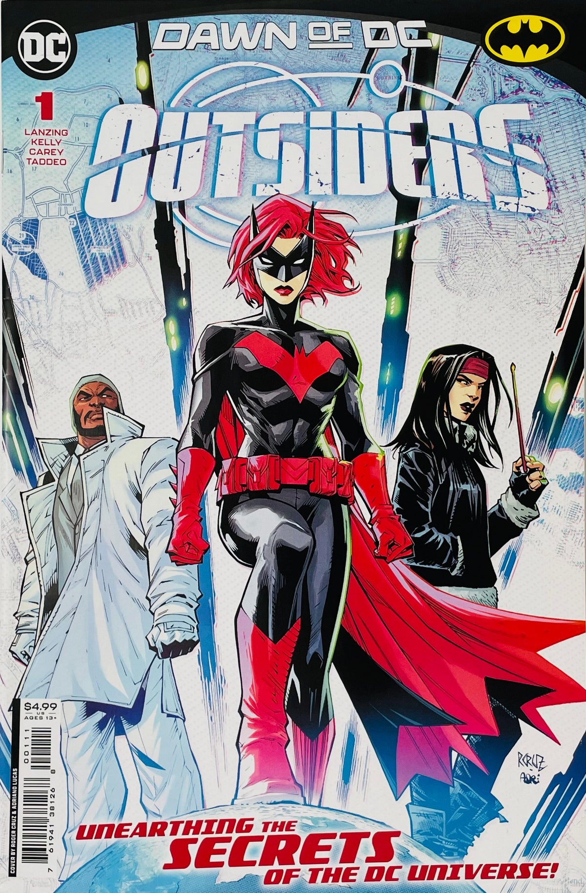 Outsiders issue 1 cover by Roger Cruz featuring Batwoman standing flanked by Lucius Fox and Drummer over text reading Unearthing the Secrets of the DC Universe.
