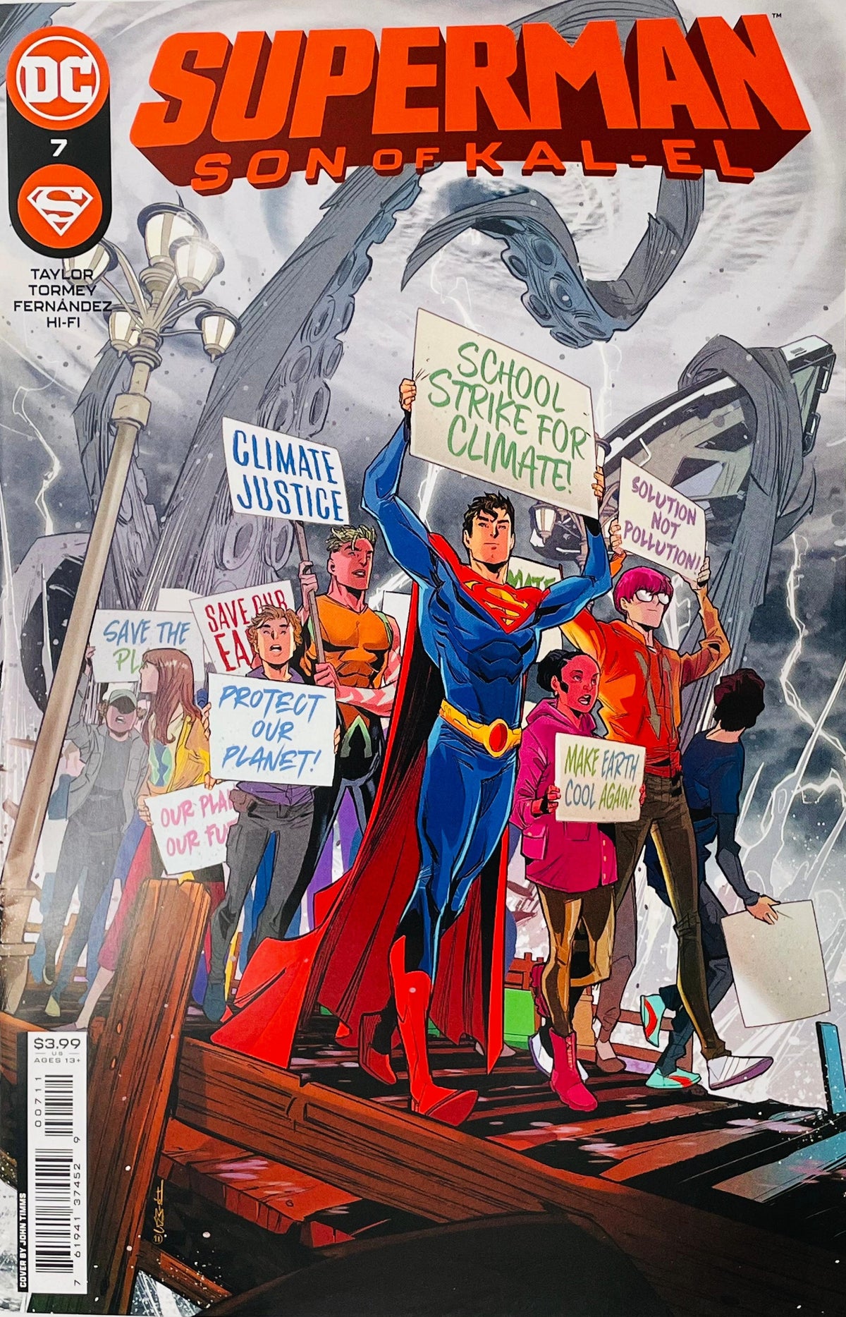 Superman Son of Kal-El issue 7 cover by John Timms featuring Jon Kent, Aqualad, and Jay Nakamura leading a climate strike protest with sea tentacles in the background.