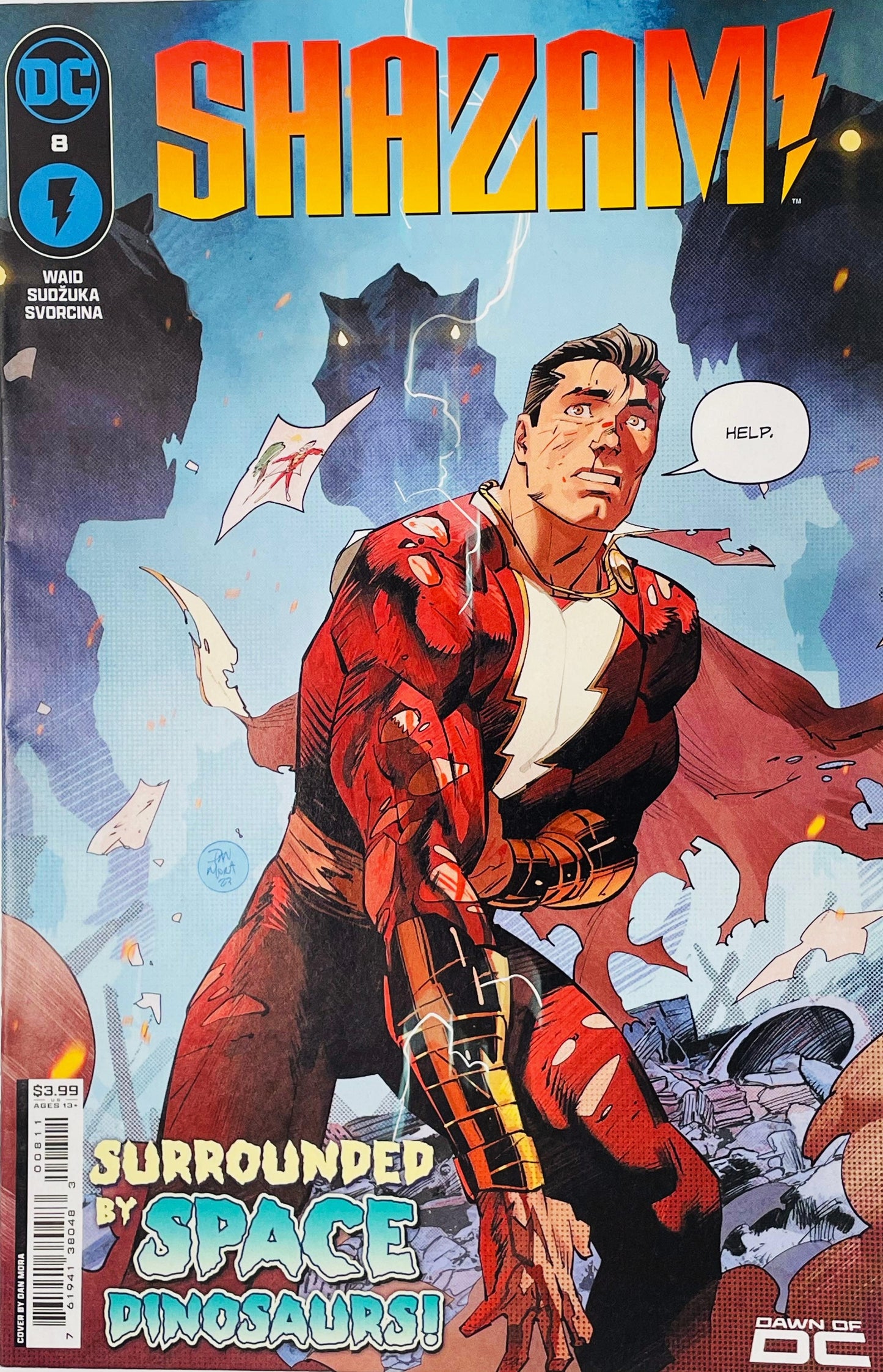 Shazam issue 8 cover by Dan Mora showing a battle damaged Shazam saying help while giant shadowy space dinosaurs loom over him.