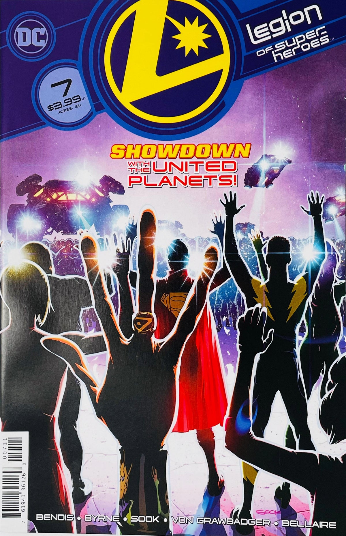 Legion of Super-Heroes issue 7 cover by Ryan Sook showing silhouetted Legionnaires raising hands wearing Legion flight rings before a glowing crowd and futuristic vehicles.