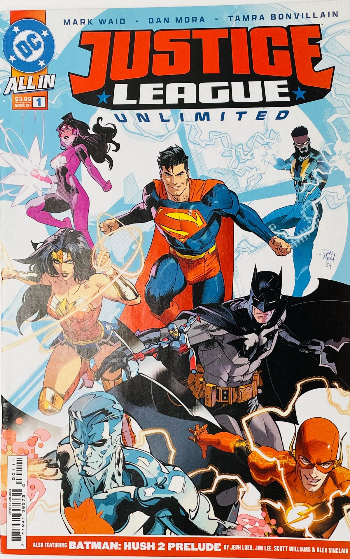 Justice League Unlimited issue 1 cover by Dan Mora featuring Superman, Batman, Wonder Woman, The Flash, Star Sapphire, and Black Lightning charging into action.