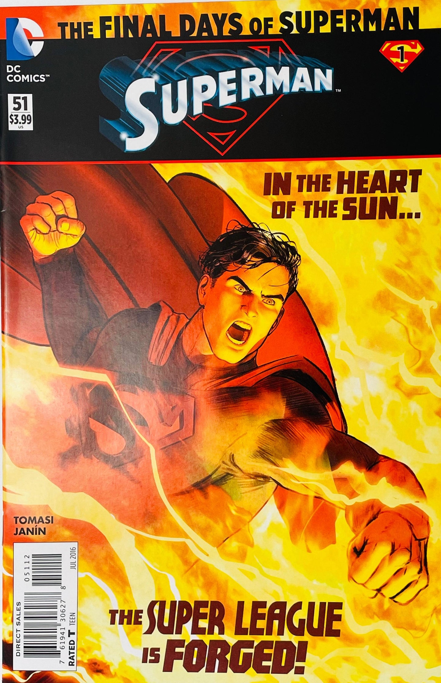 Superman issue 51 cover by Mikel Janin featuring Superman flying engulfed in solar flames with text reading In The Heart Of The Sun The Super League Is Forged.