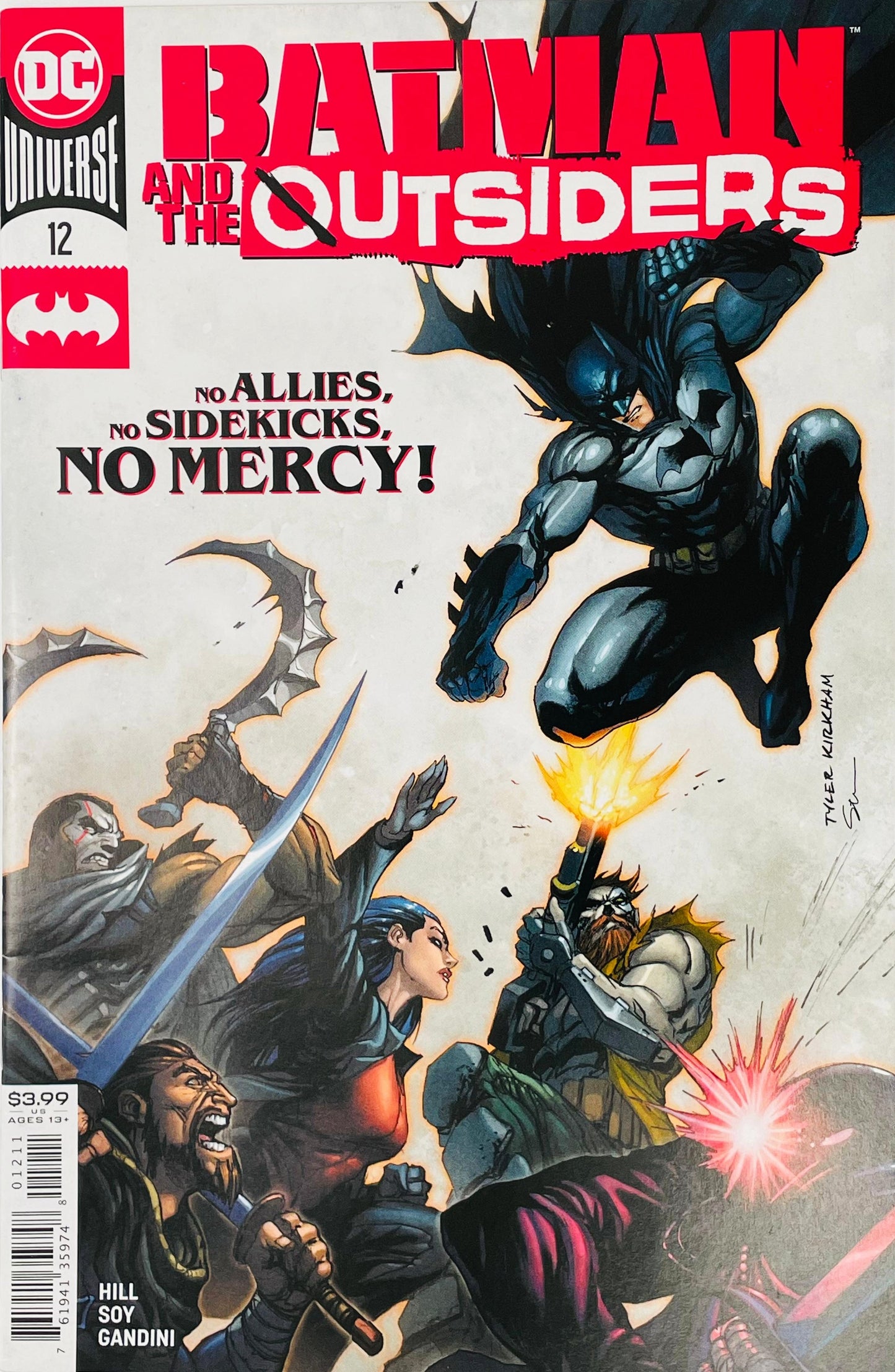 Batman and the Outsiders issue 12 cover by Tyler Kirkham featuring Batman leaping into combat against Lady Shiva, Karma, and armed foes with text reading No Allies No Sidekicks No Mercy.