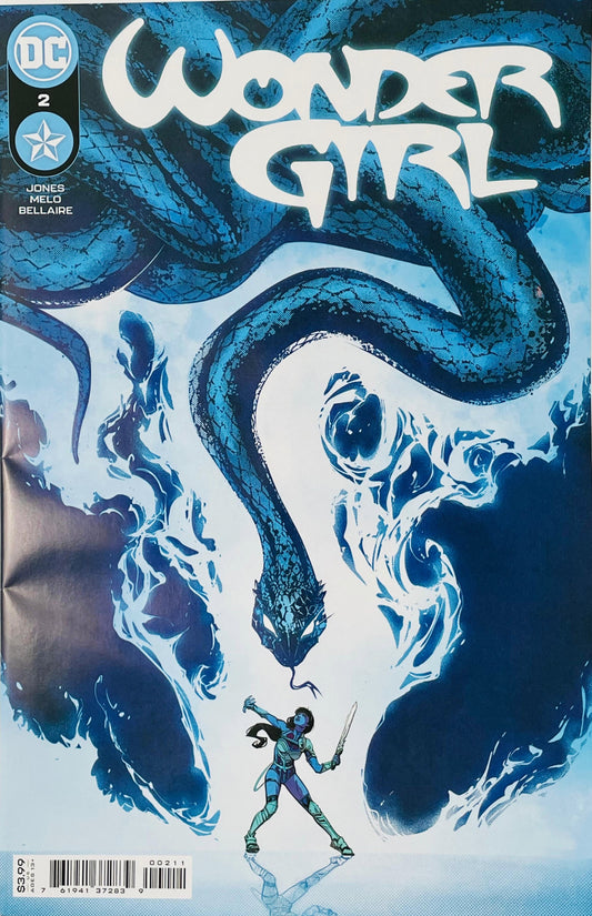 Wonder Girl issue 2 cover by Joelle Jones showing a small figure of Yara Flor holding a sword facing a giant glowing blue serpent descending from above.