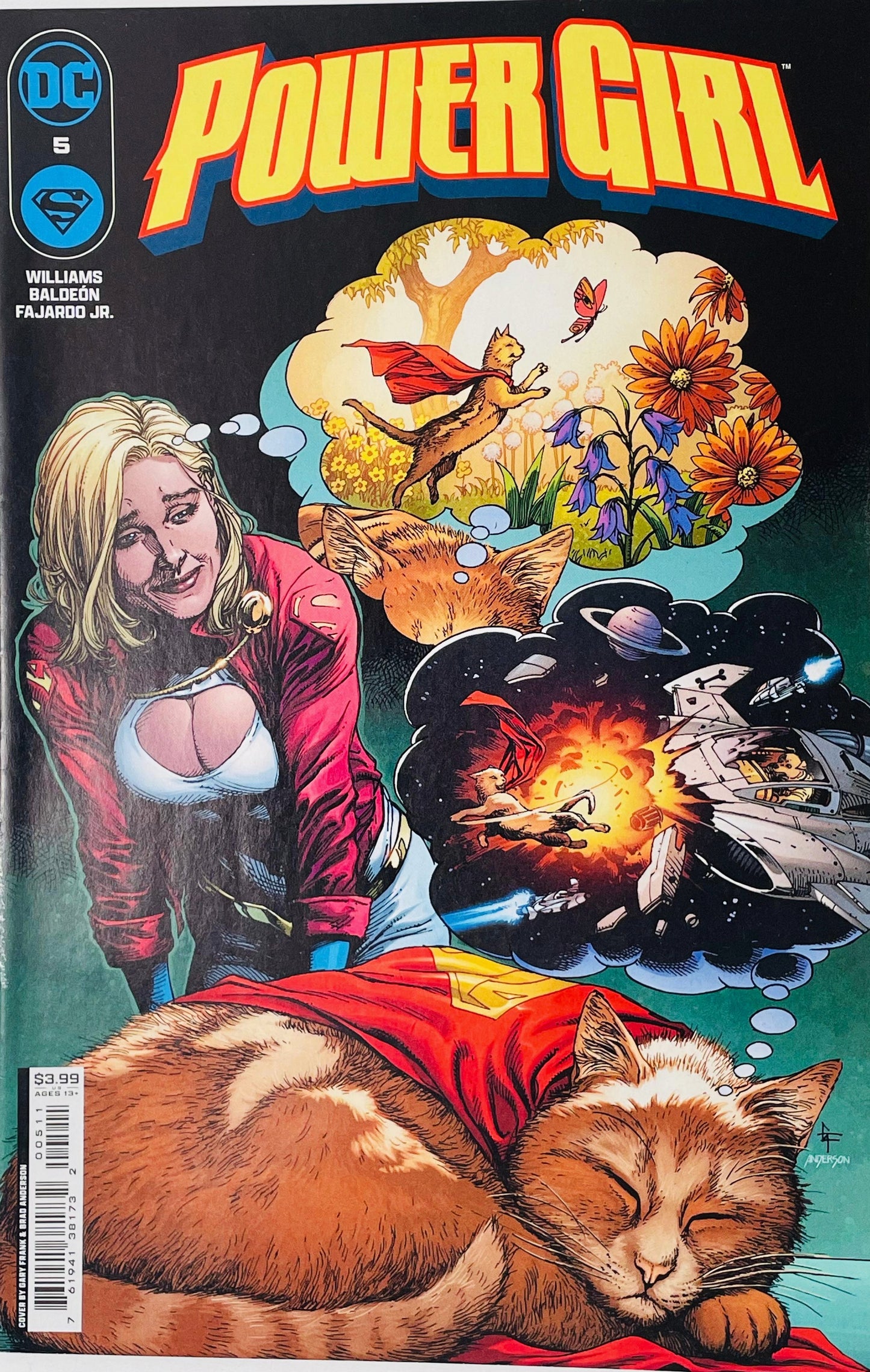 Power Girl issue 5 cover by Gary Frank showing Power Girl smiling at sleeping cape-wearing cat Streaky, with thought bubbles showing flowers versus exploding space battles.